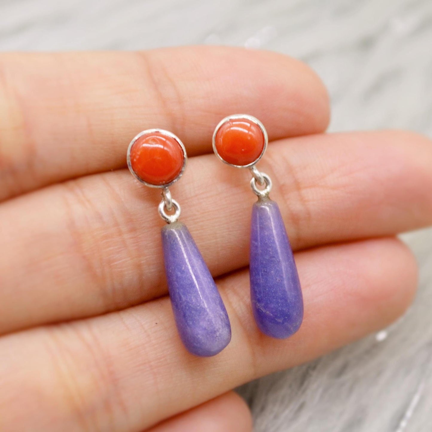 Purple Jade, Red Coral Drop Earrings, Sterling Silver, Red Coral Jewelry, Handmade Gemstone Earrings, Unique Cute Gifts For Her