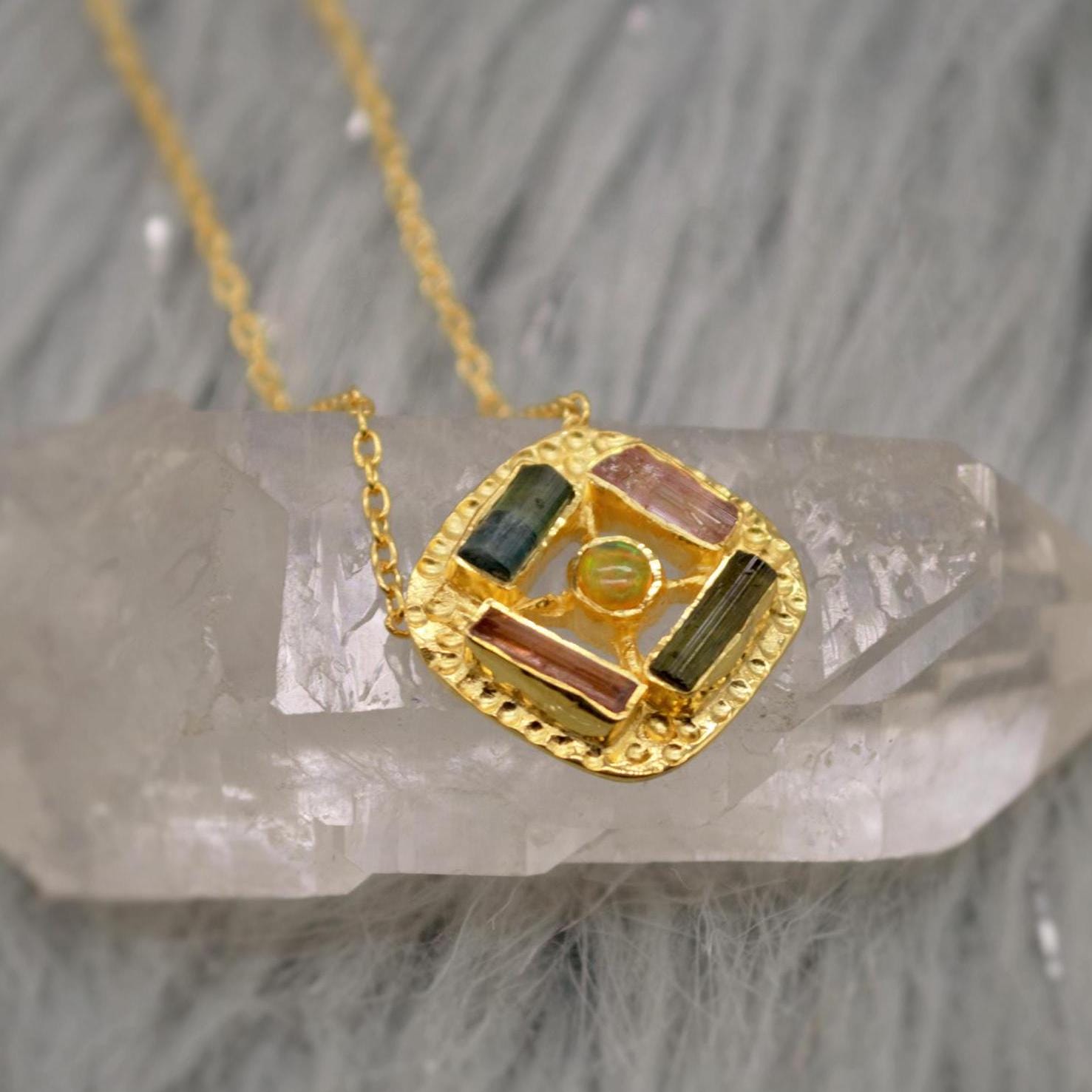 Green, Pink Tourmaline Gold Pendant Necklace, Square Silver Chain Necklace, Tourmaline Jewelry, October Birthstone, Necklace For Women