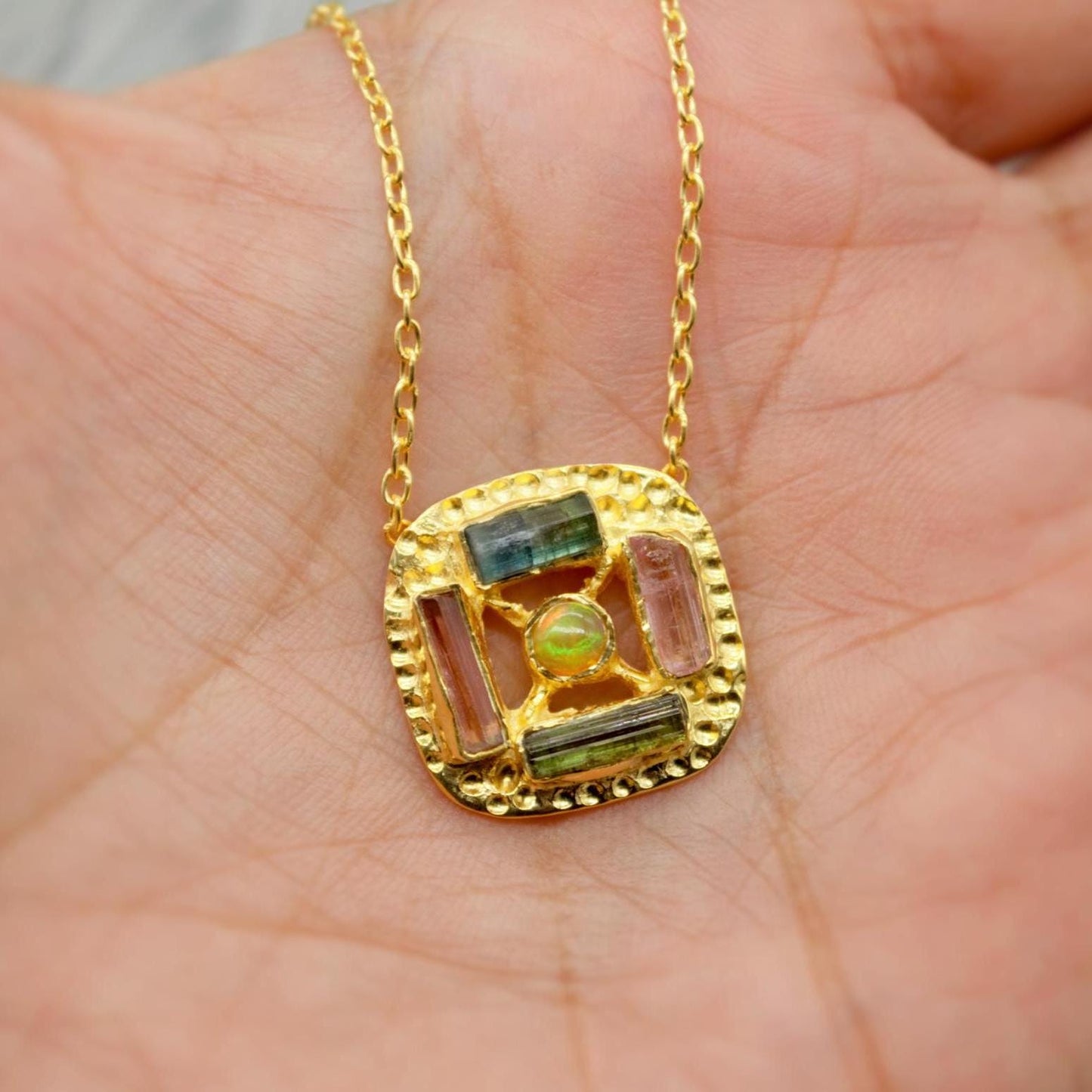 Green, Pink Tourmaline Gold Pendant Necklace, Square Silver Chain Necklace, Tourmaline Jewelry, October Birthstone, Necklace For Women