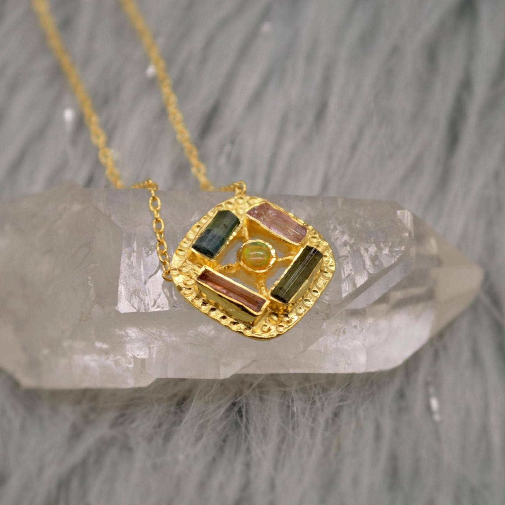 Green, Pink Tourmaline Gold Pendant Necklace, Square Silver Chain Necklace, Tourmaline Jewelry, October Birthstone, Necklace For Women