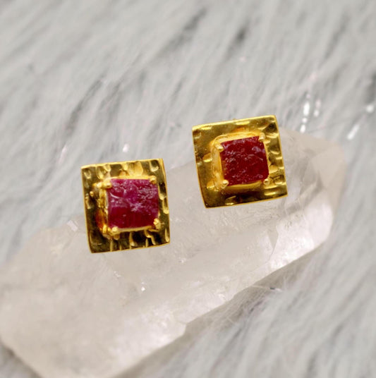 Raw Ruby Gold Studs, Sterling Silver Square Studs, Ruby Stud Earrings, Unique Ruby Jewelry, July Birthstone Earrings For Her, Red Earrings