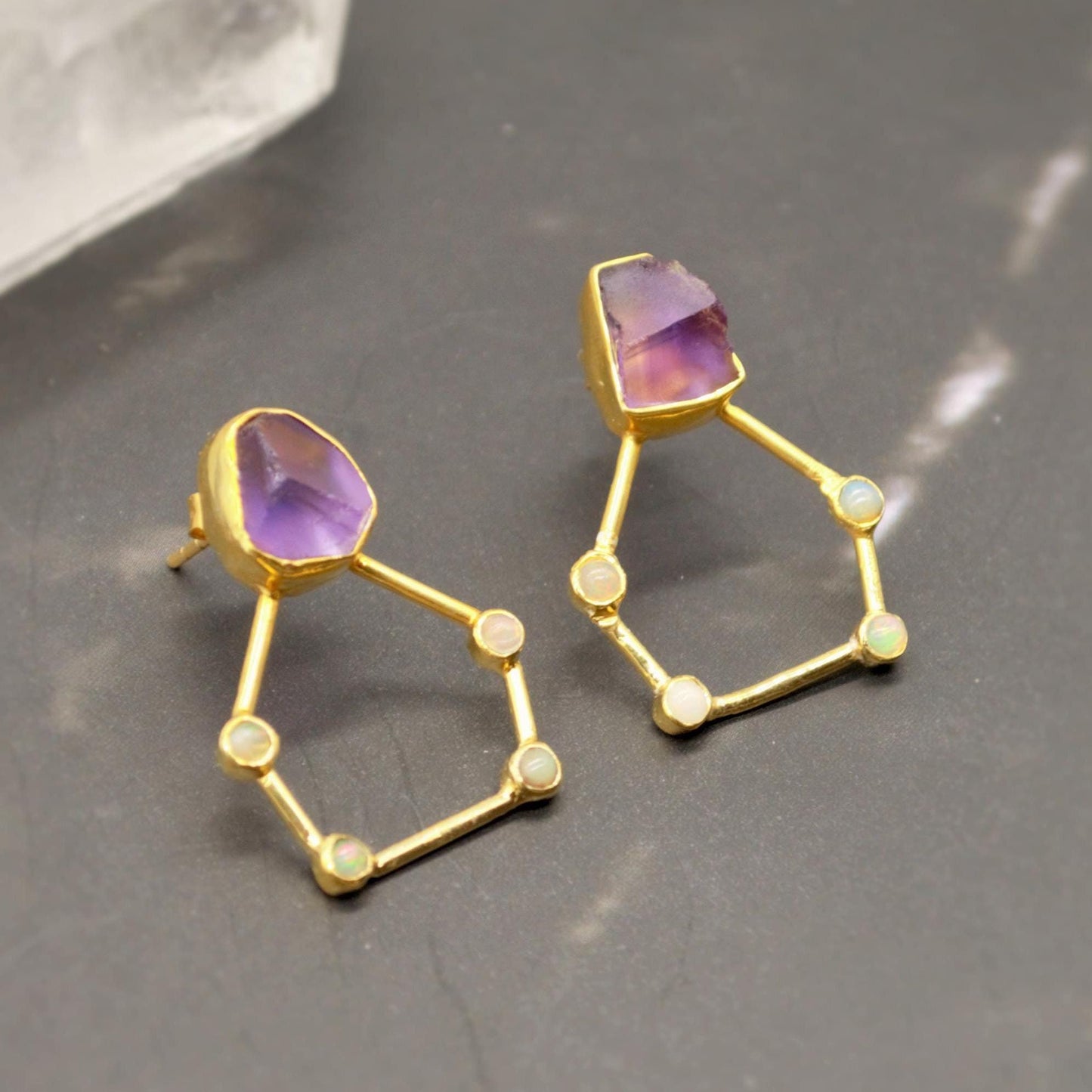 Raw Amethyst, Opal Gold Earrings, Pentagon Sterling Silver Earrings, February, October Birthstone Earrings, Amethyst Jewelry