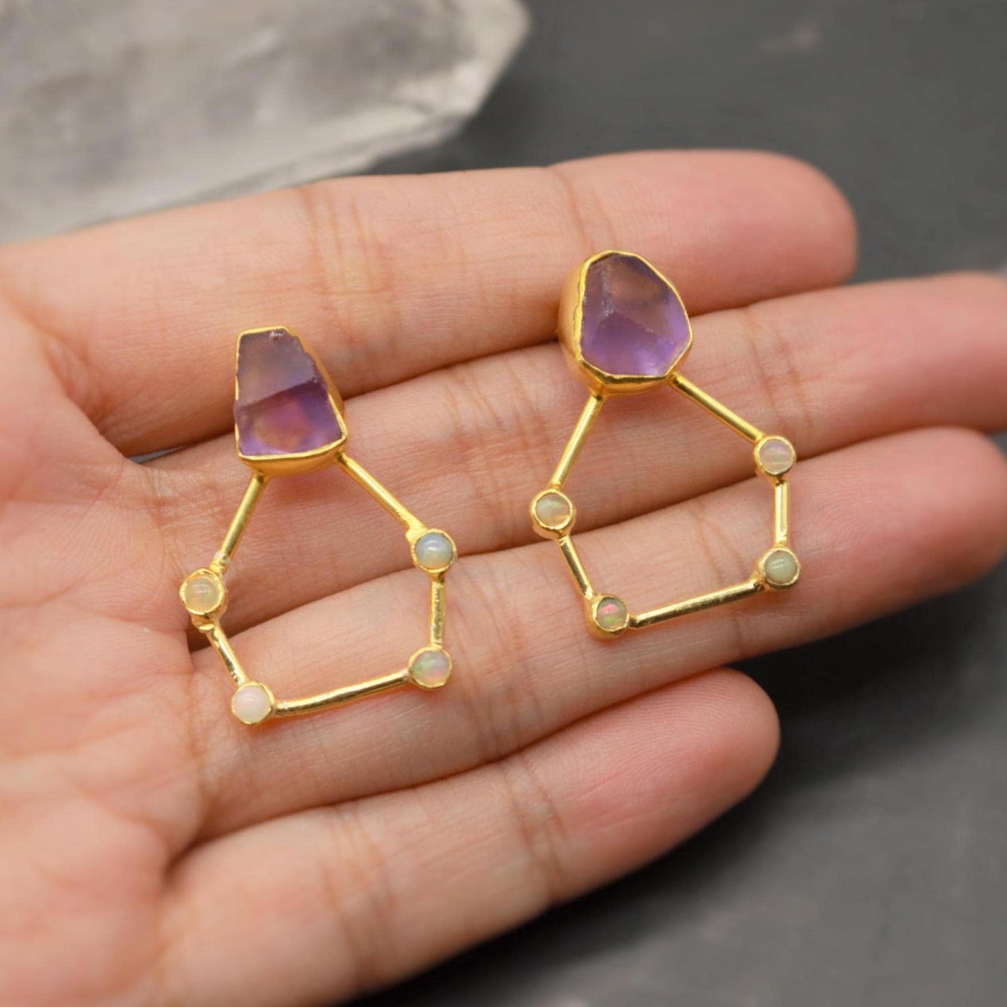 Raw Amethyst, Opal Gold Earrings, Pentagon Sterling Silver Earrings, February, October Birthstone Earrings, Amethyst Jewelry