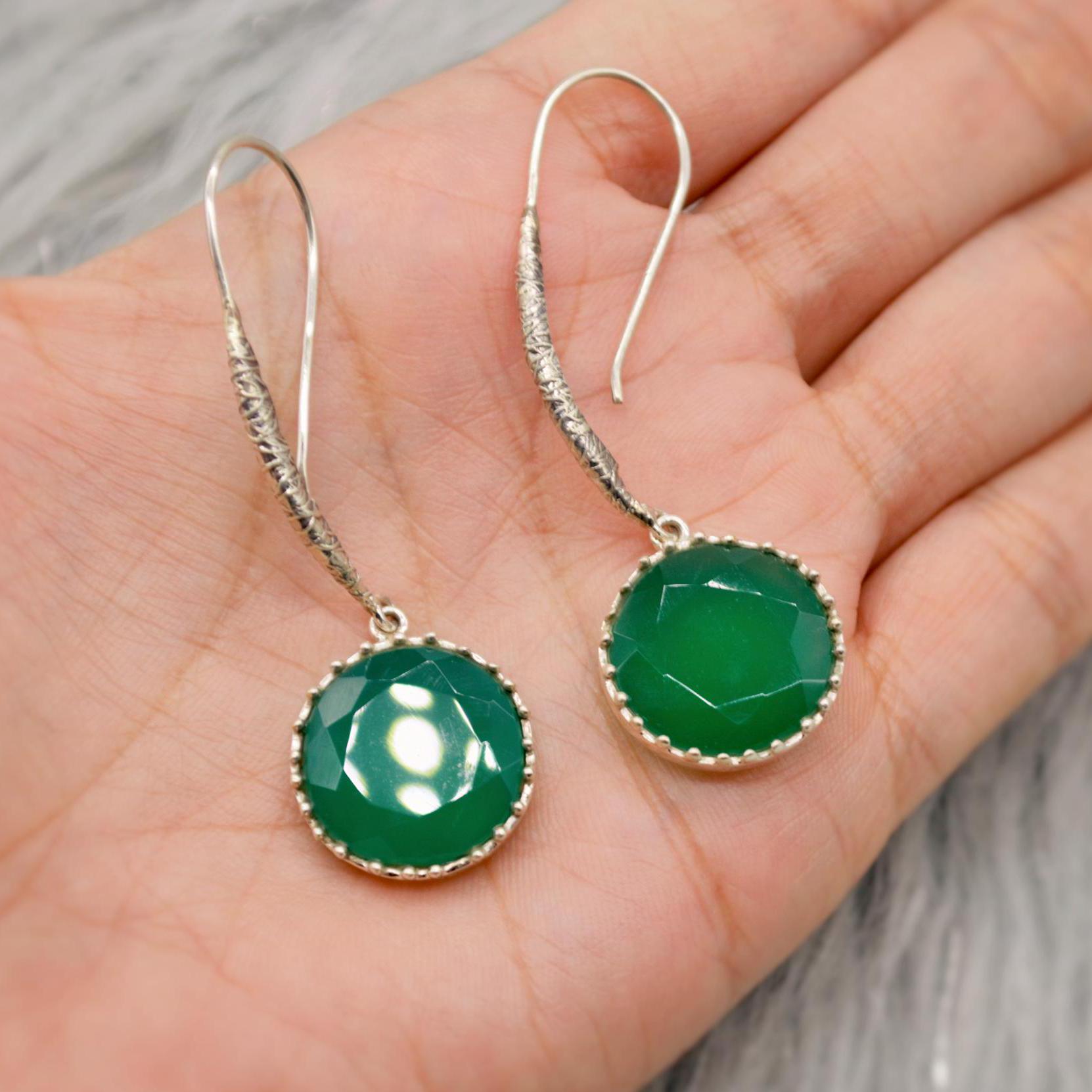 Green Onyx Silver Drop Earrings, Sterling Silver Dangle Earrings, Green Onyx Jewelry, Green Gemstone Earrings, Gift For Her