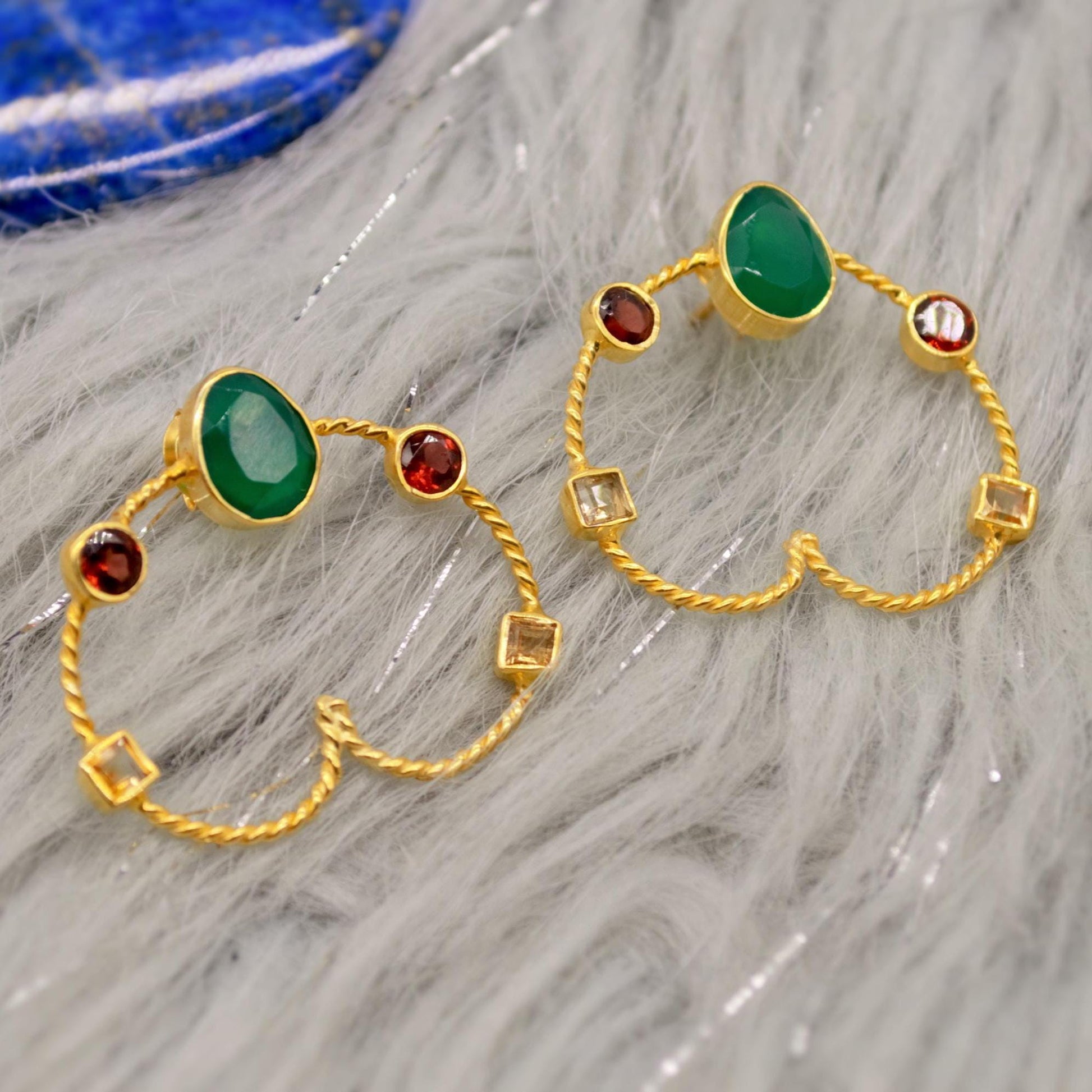 Green Onyx, Garnet, Citrine Hoop Earrings, Gold Earrings, Sterling Silver Gemstone Earrings, January, November Birthstone Earrings