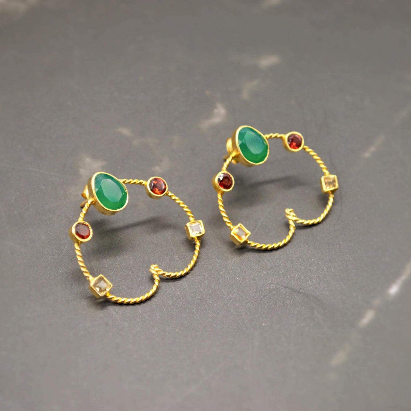 Green Onyx, Garnet, Citrine Hoop Earrings, Gold Earrings, Sterling Silver Gemstone Earrings, January, November Birthstone Earrings