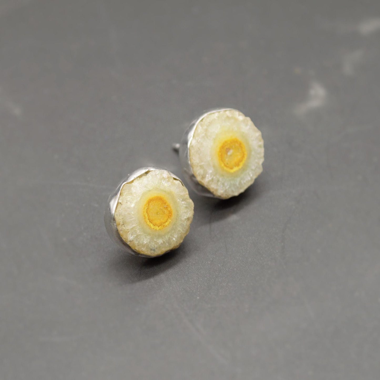 Yellow Druzy Agate Silver Stud Earrings Set, Gemstone Studs, Sterling Silver Dainty Studs, Minimalist Earrings, Gifts For Her