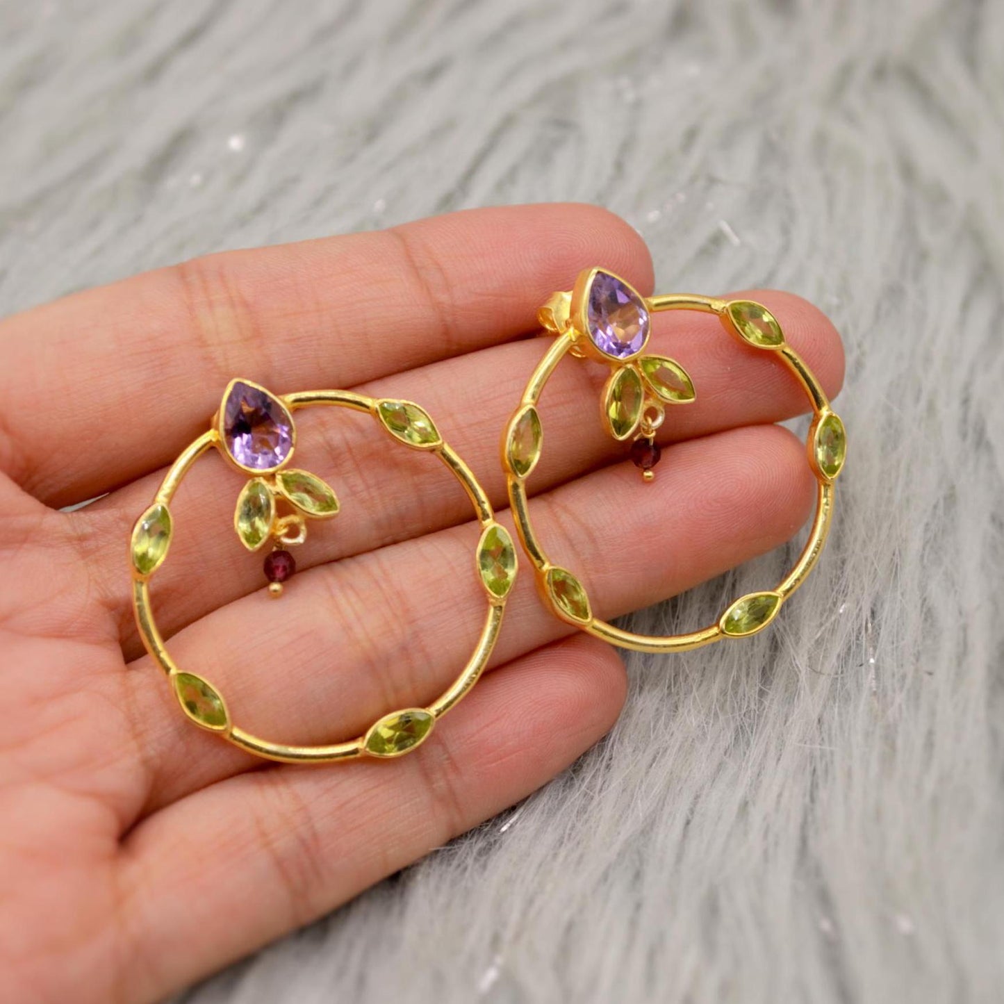 Amethyst, Peridot, Gold Hoop Earrings, Sterling Silver Drop Earrings, February, August Birthstone Earrings, Unique Peridot Jewelry