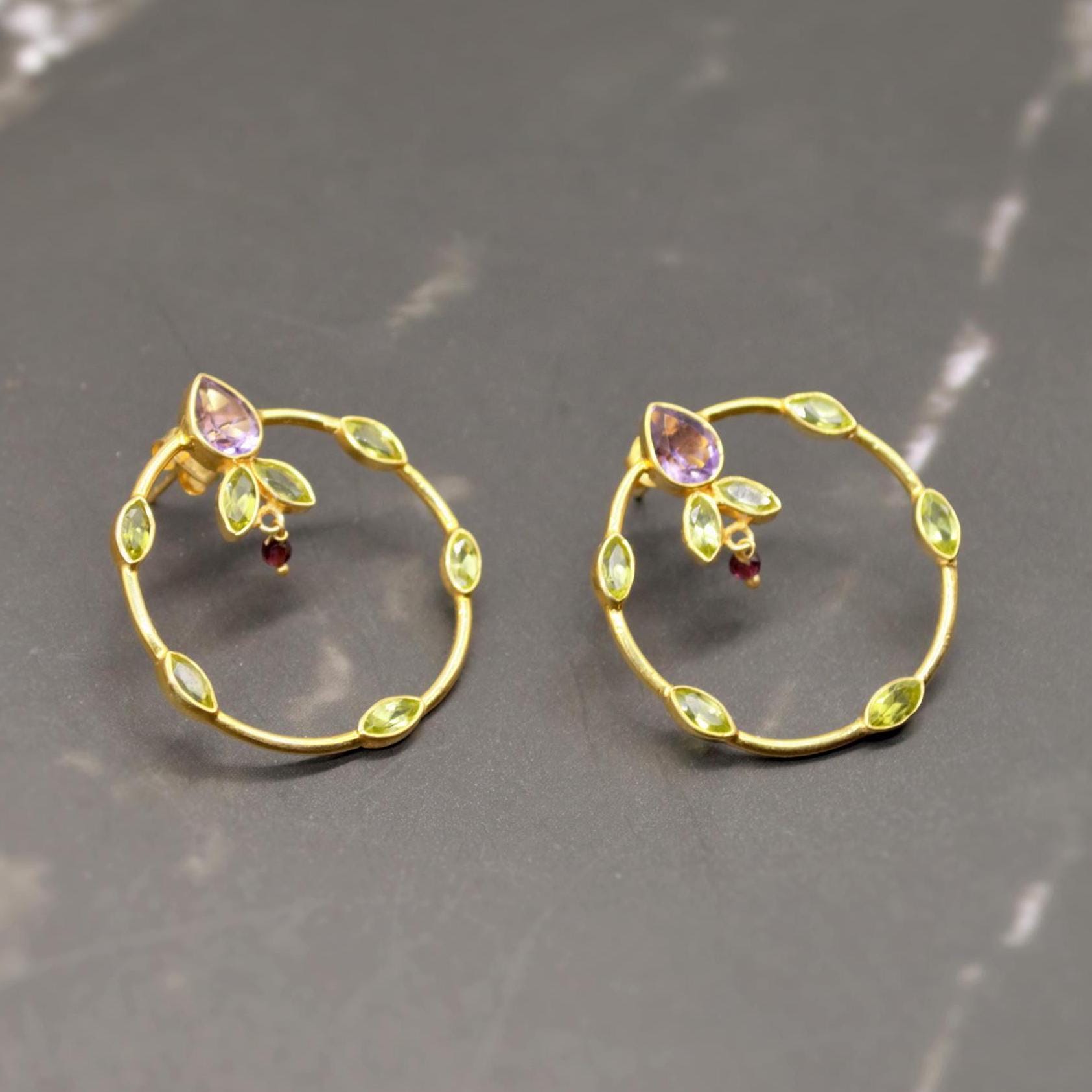 Amethyst, Peridot, Gold Hoop Earrings, Sterling Silver Drop Earrings, February, August Birthstone Earrings, Unique Peridot Jewelry