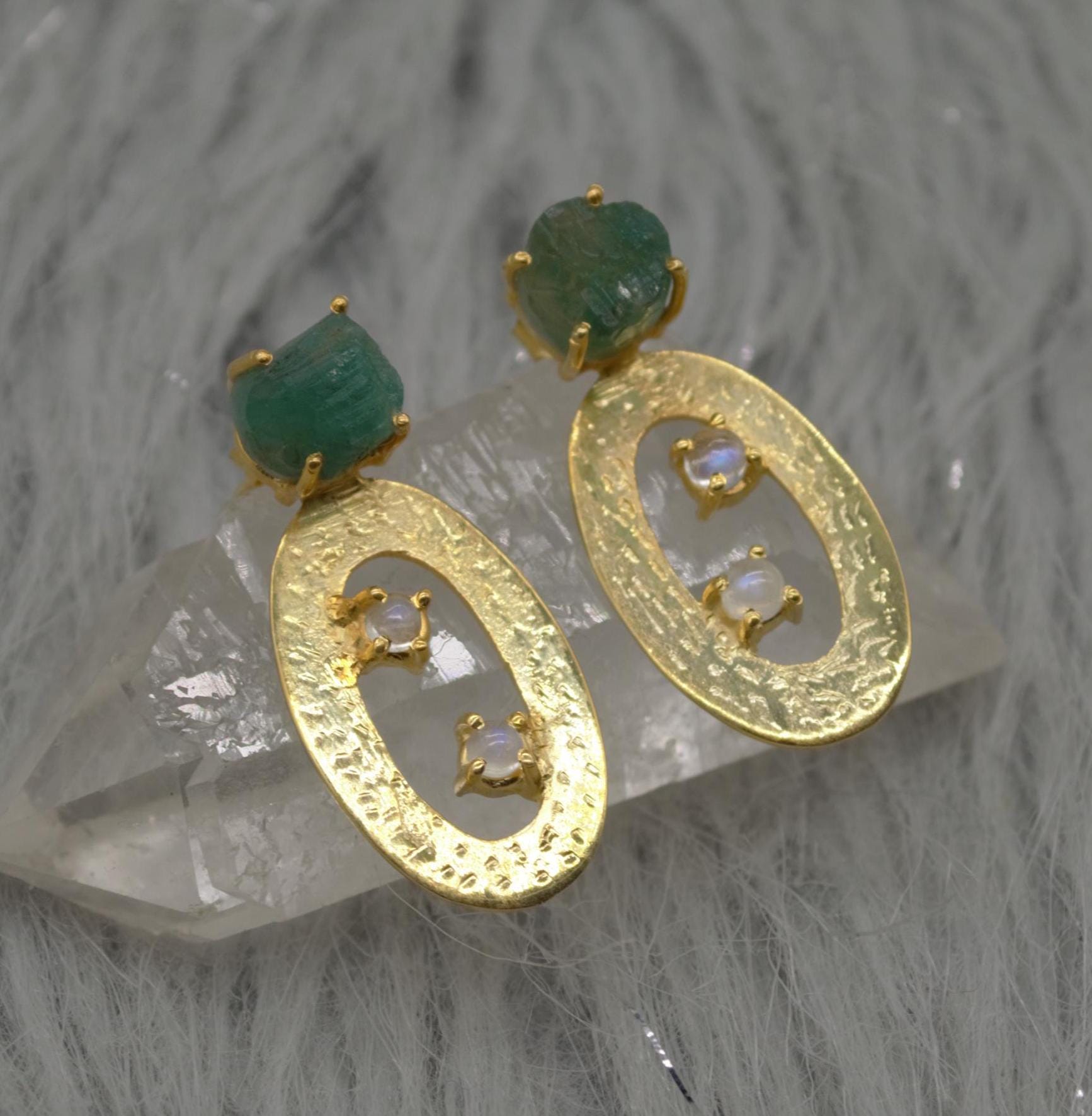 Raw Green Emerald Earrings, Opal Gold Earrings, Sterling Silver Drop Earrings, May Birthstone Jewelry, Opal Jewelry, Gemstone Earrings