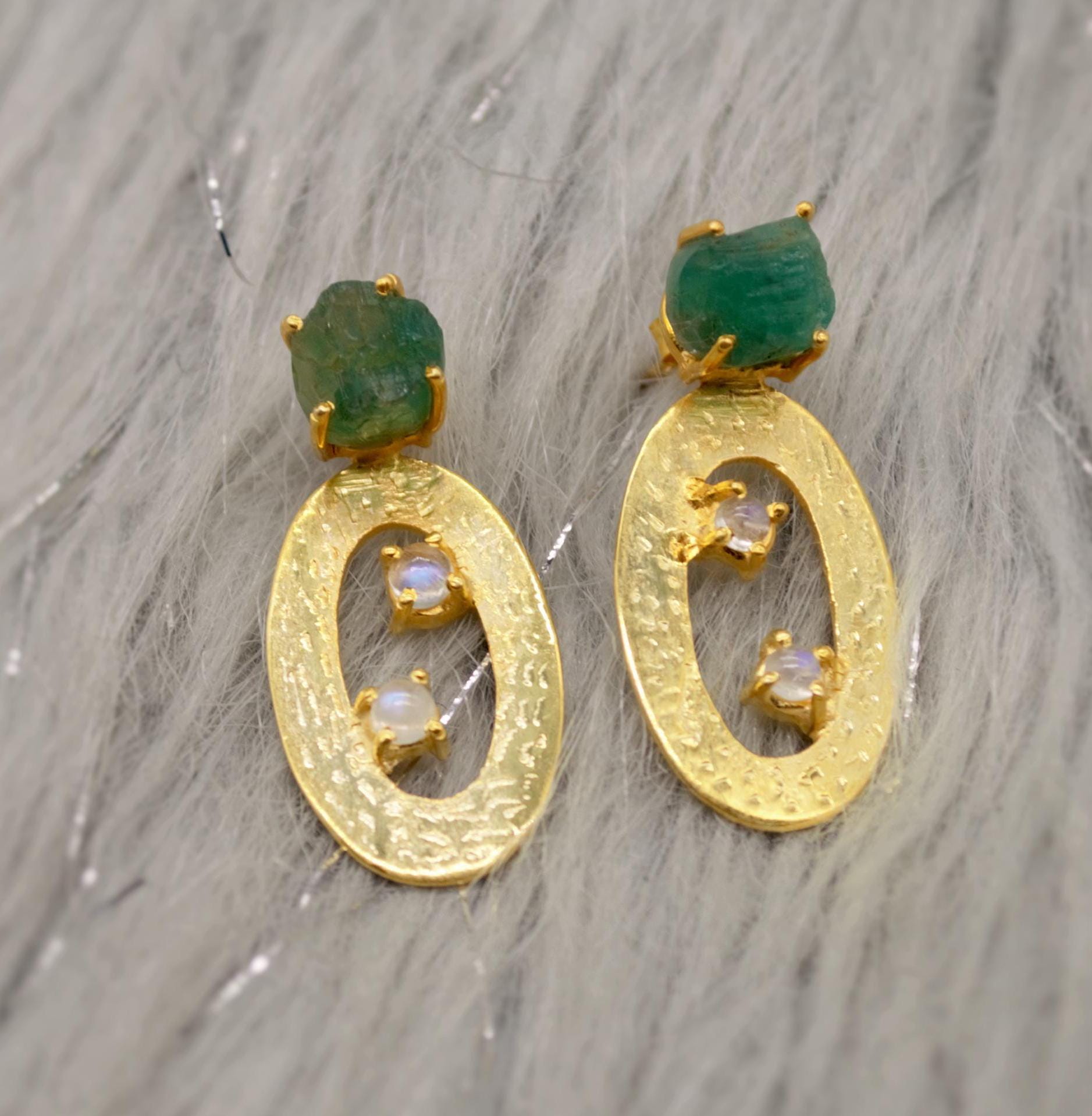 Raw Green Emerald Earrings, Opal Gold Earrings, Sterling Silver Drop Earrings, May Birthstone Jewelry, Opal Jewelry, Gemstone Earrings