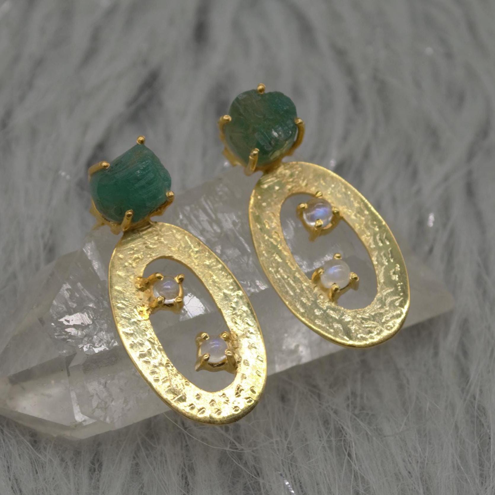 Raw Green Emerald Earrings, Opal Gold Earrings, Sterling Silver Drop Earrings, May Birthstone Jewelry, Opal Jewelry, Gemstone Earrings