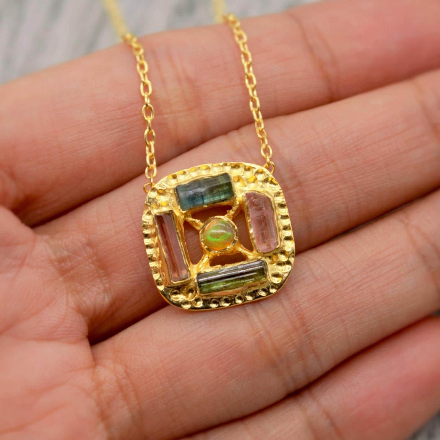 Green, Pink Tourmaline Gold Pendant Necklace, Square Silver Chain Necklace, Tourmaline Jewelry, October Birthstone, Necklace For Women