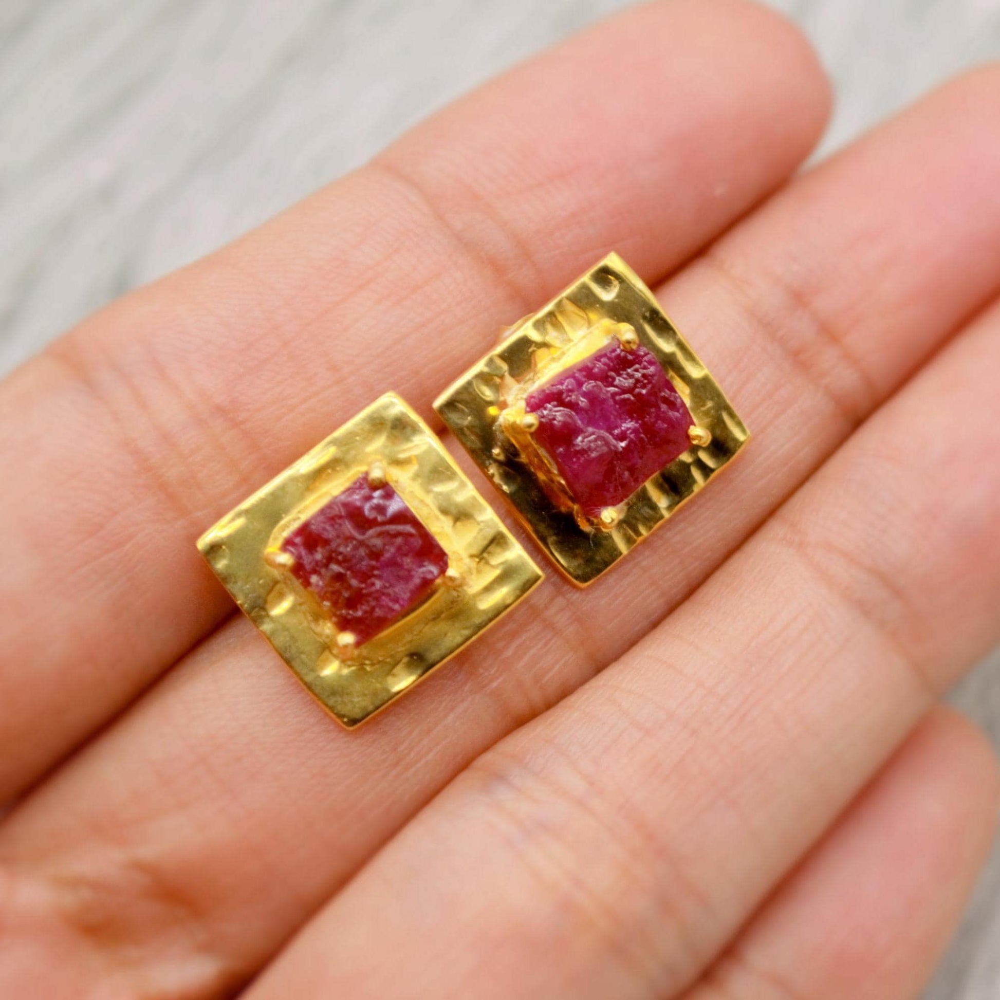 Raw Ruby Gold Studs, Sterling Silver Square Studs, Ruby Stud Earrings, Unique Ruby Jewelry, July Birthstone Earrings For Her, Red Earrings