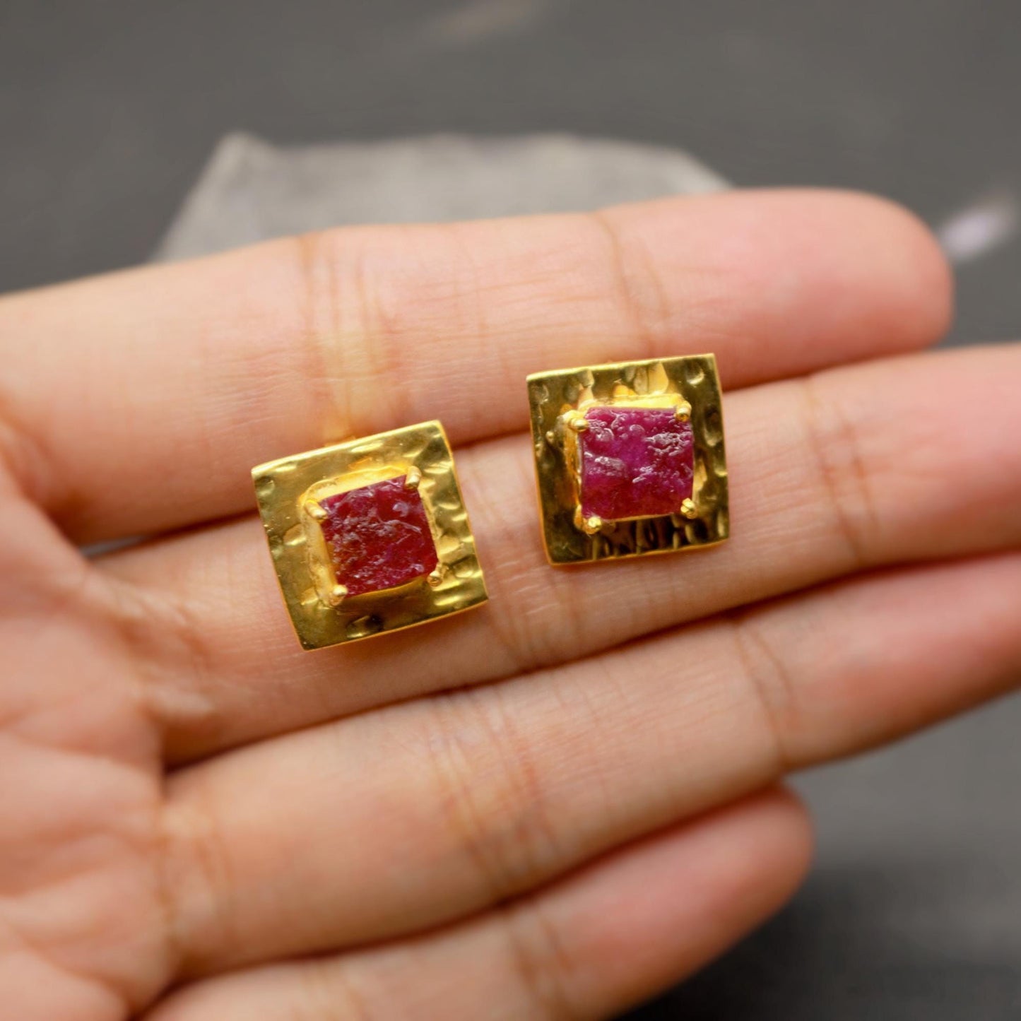 Raw Ruby Gold Studs, Sterling Silver Square Studs, Ruby Stud Earrings, Unique Ruby Jewelry, July Birthstone Earrings For Her, Red Earrings