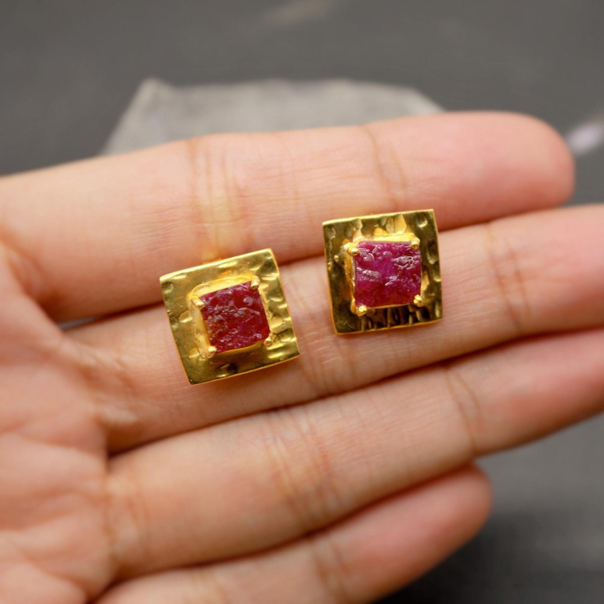 Raw Ruby Gold Studs, Sterling Silver Square Studs, Ruby Stud Earrings, Unique Ruby Jewelry, July Birthstone Earrings For Her, Red Earrings