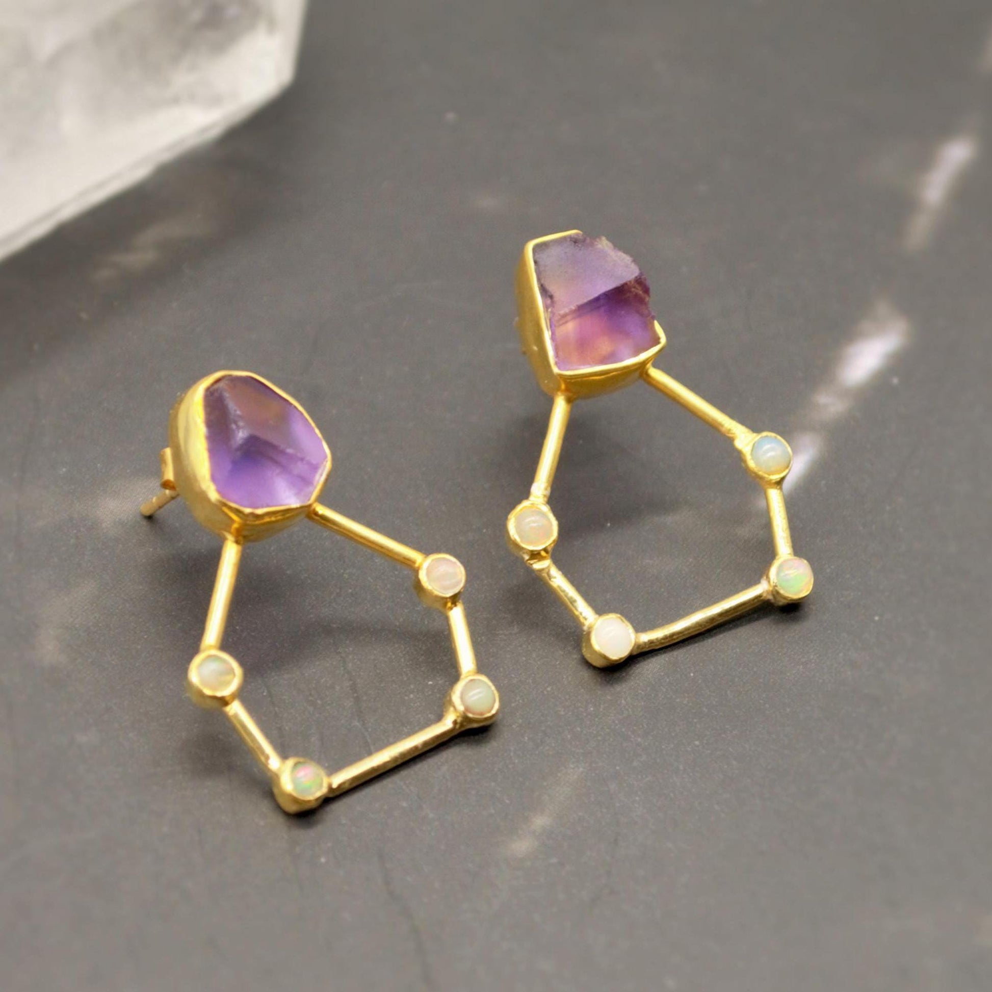 Raw Amethyst, Opal Gold Earrings, Pentagon Sterling Silver Earrings, February, October Birthstone Earrings, Amethyst Jewelry