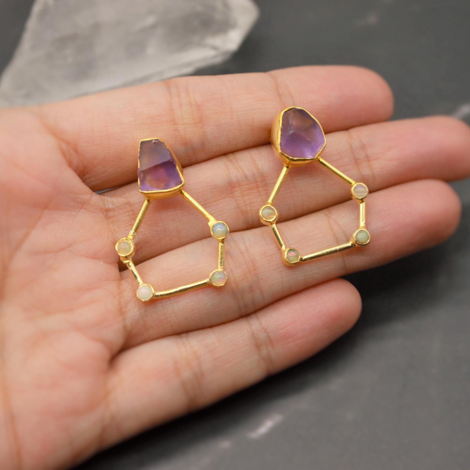 Raw Amethyst, Opal Gold Earrings, Pentagon Sterling Silver Earrings, February, October Birthstone Earrings, Amethyst Jewelry