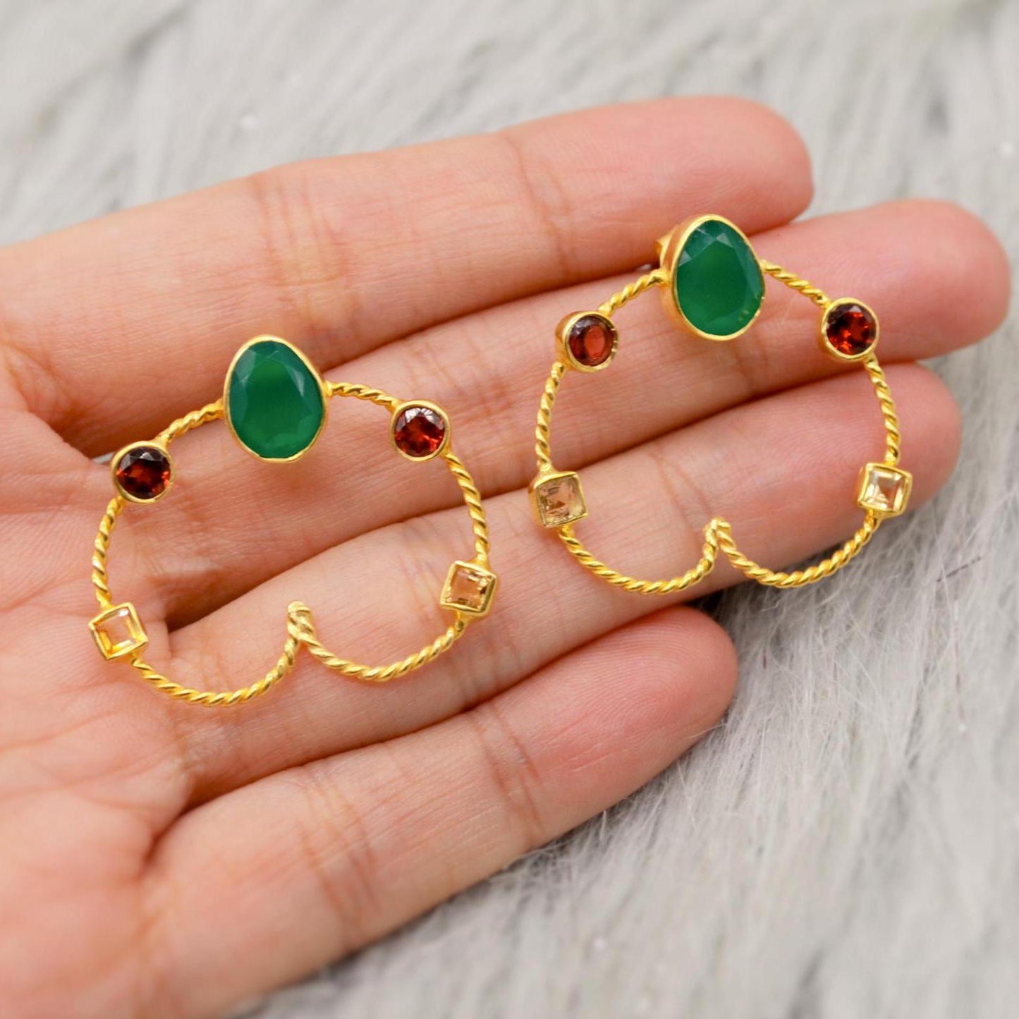 Green Onyx, Garnet, Citrine Hoop Earrings, Gold Earrings, Sterling Silver Gemstone Earrings, January, November Birthstone Earrings