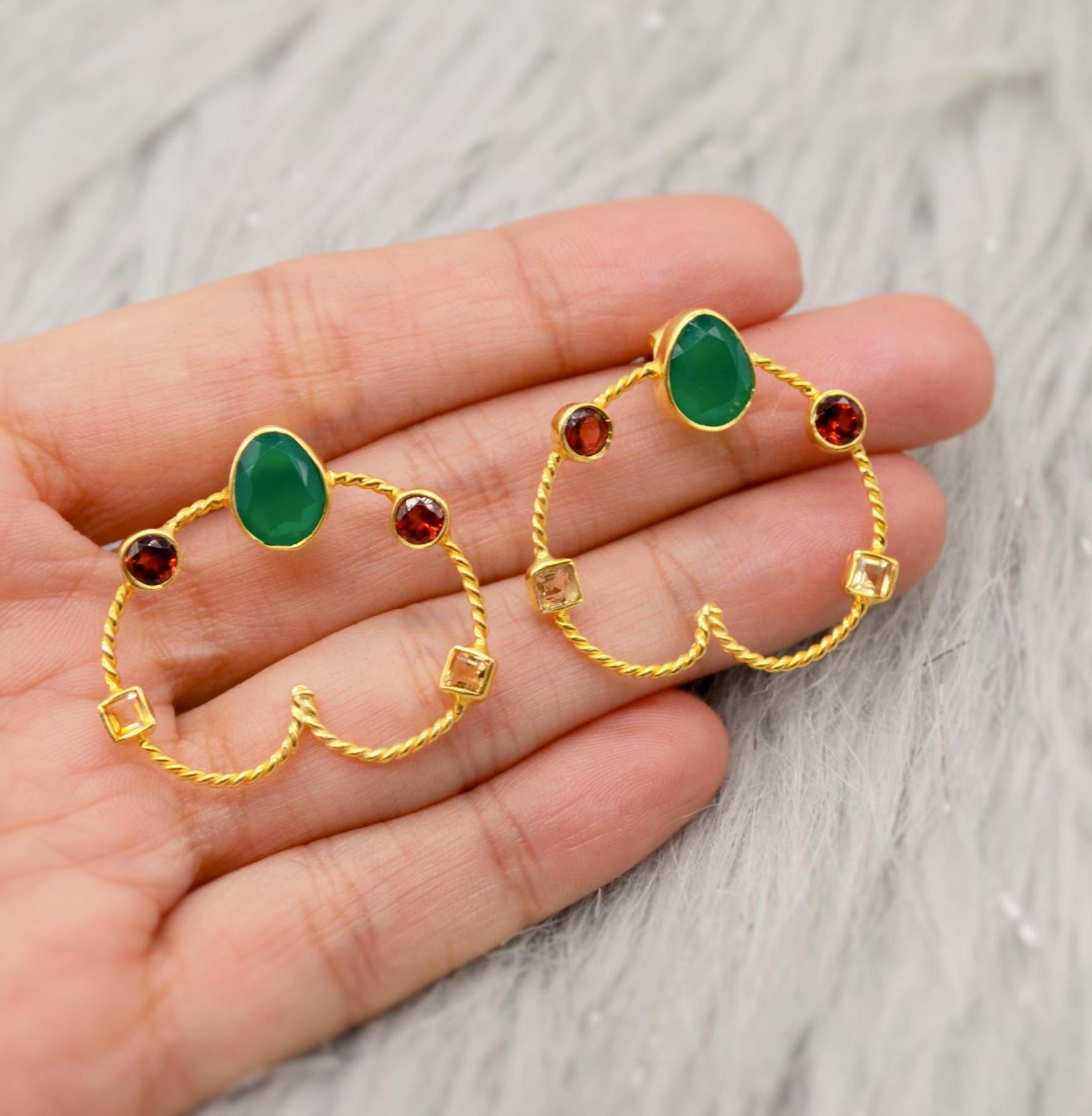 Green Onyx, Garnet, Citrine Hoop Earrings, Gold Earrings, Sterling Silver Gemstone Earrings, January, November Birthstone Earrings