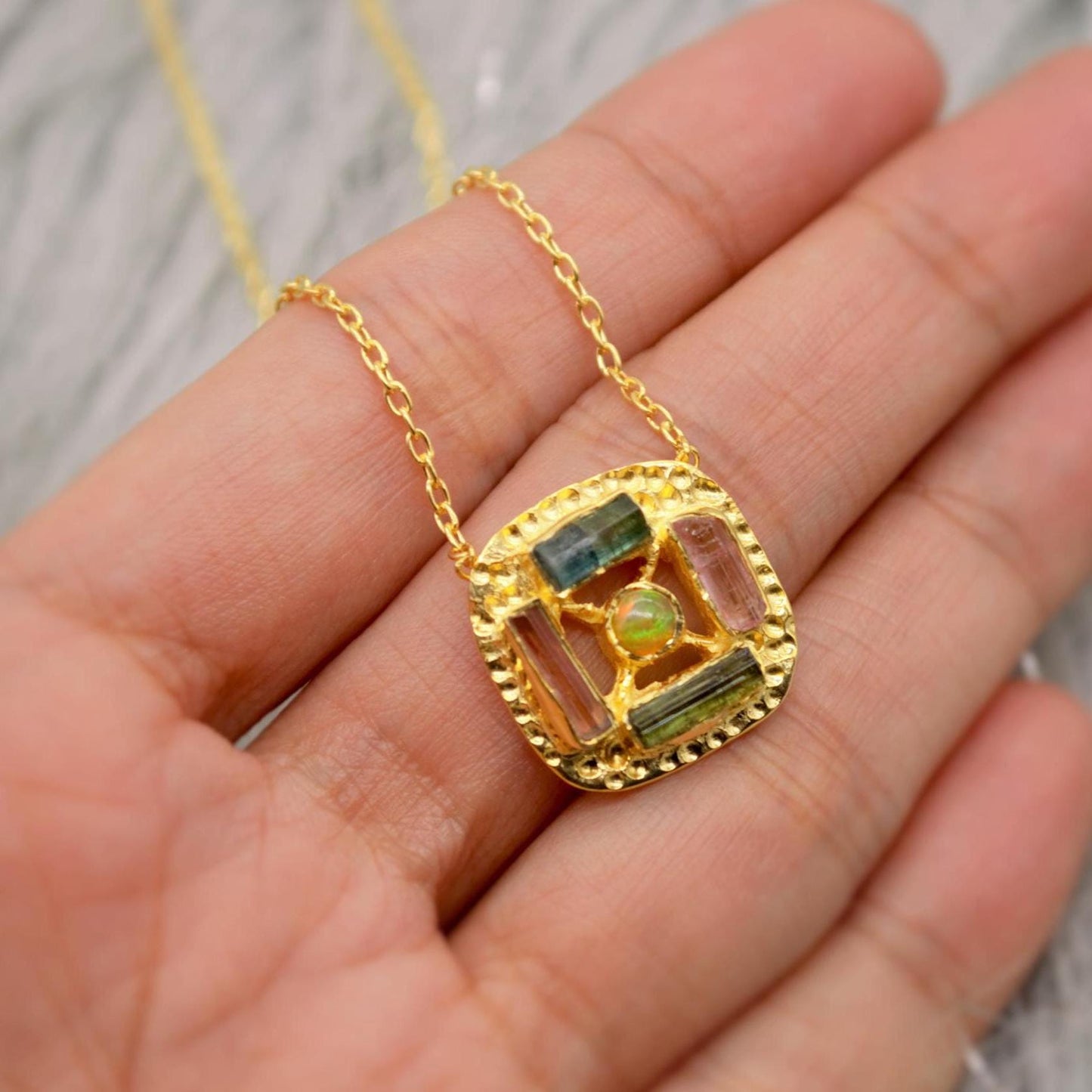 Green, Pink Tourmaline Gold Pendant Necklace, Square Silver Chain Necklace, Tourmaline Jewelry, October Birthstone, Necklace For Women