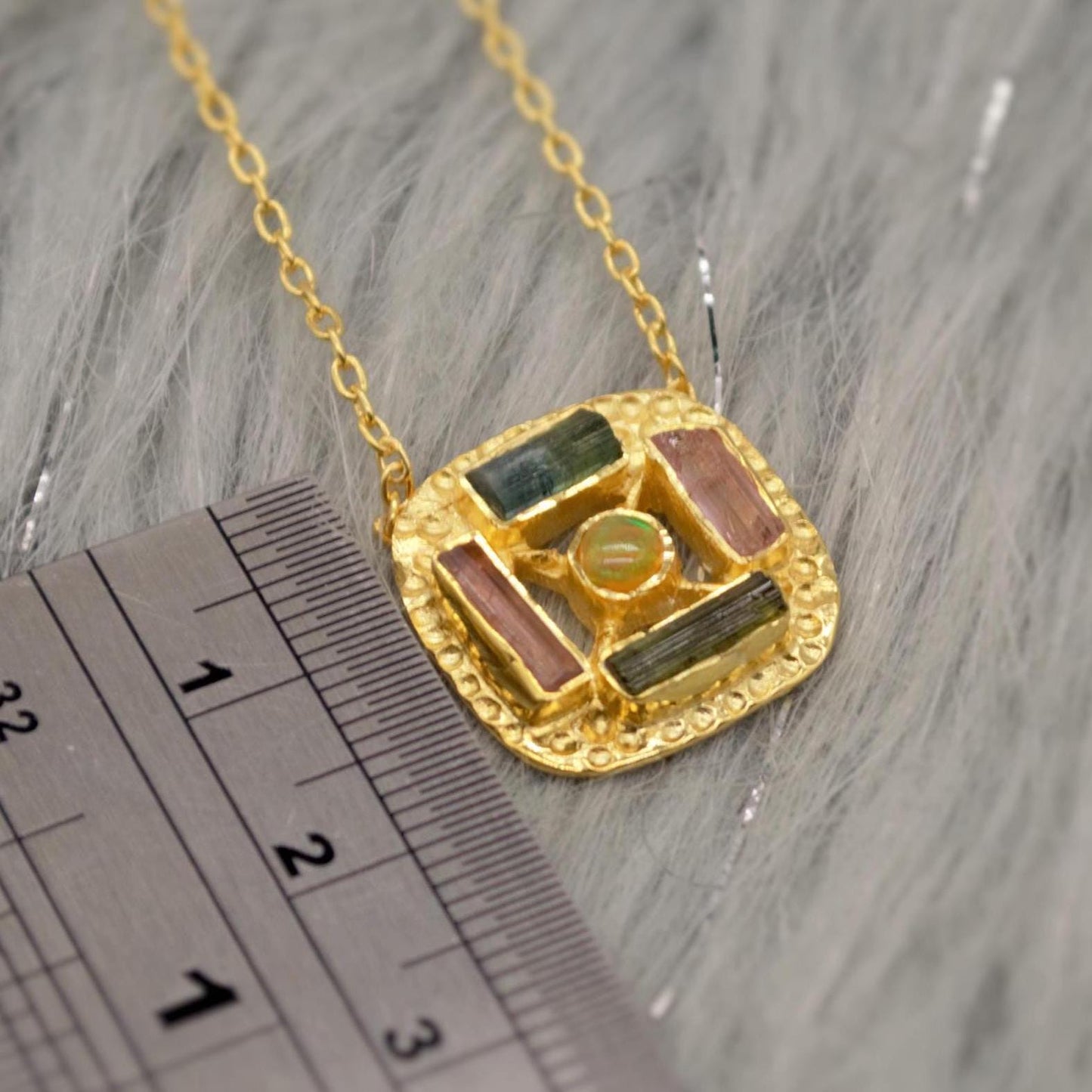 Green, Pink Tourmaline Gold Pendant Necklace, Square Silver Chain Necklace, Tourmaline Jewelry, October Birthstone, Necklace For Women