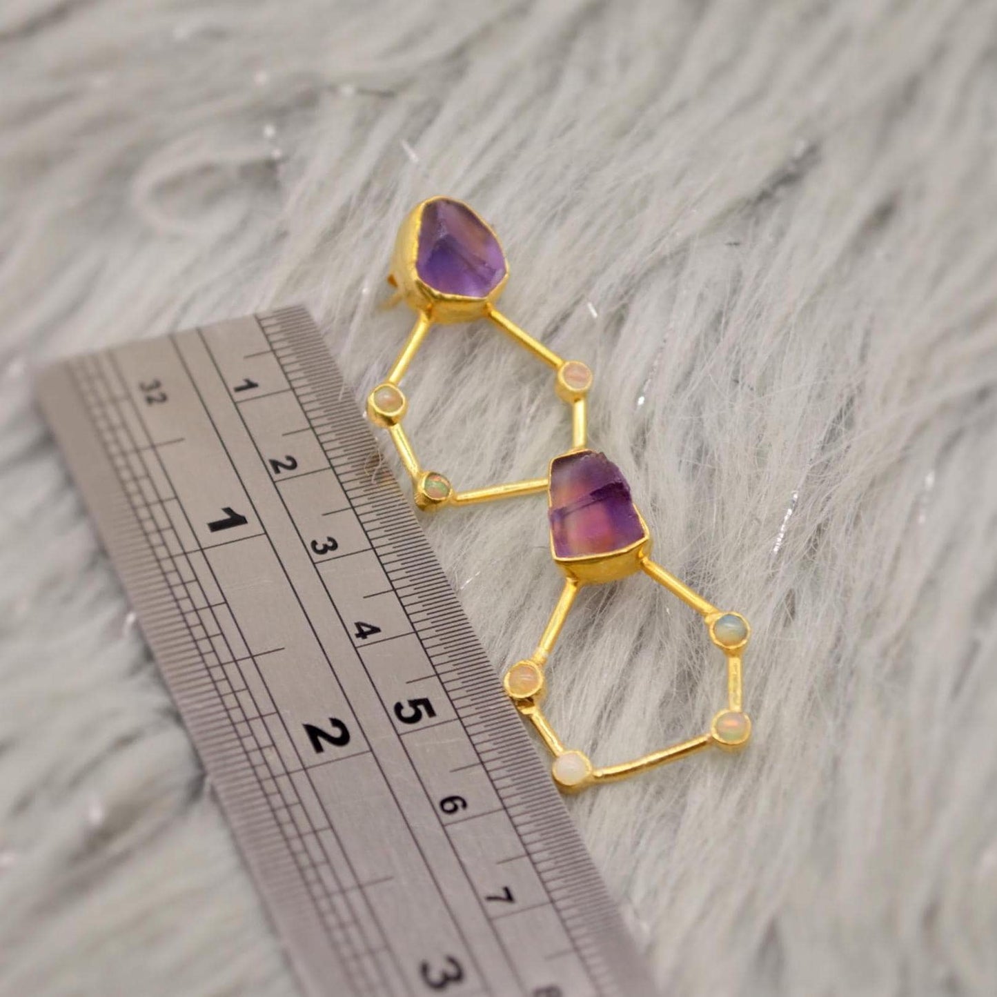 Raw Amethyst, Opal Gold Earrings, Pentagon Sterling Silver Earrings, February, October Birthstone Earrings, Amethyst Jewelry