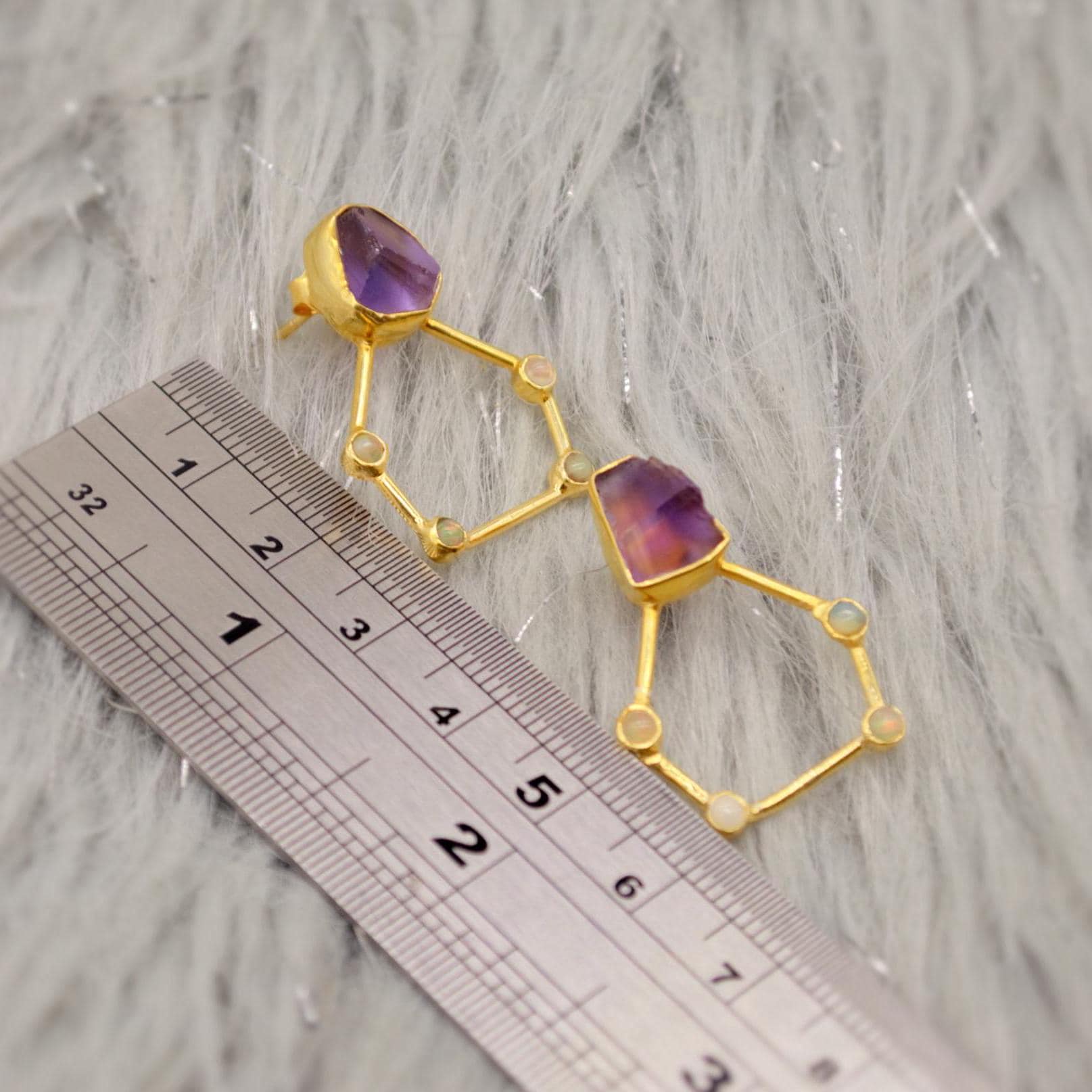 Raw Amethyst, Opal Gold Earrings, Pentagon Sterling Silver Earrings, February, October Birthstone Earrings, Amethyst Jewelry