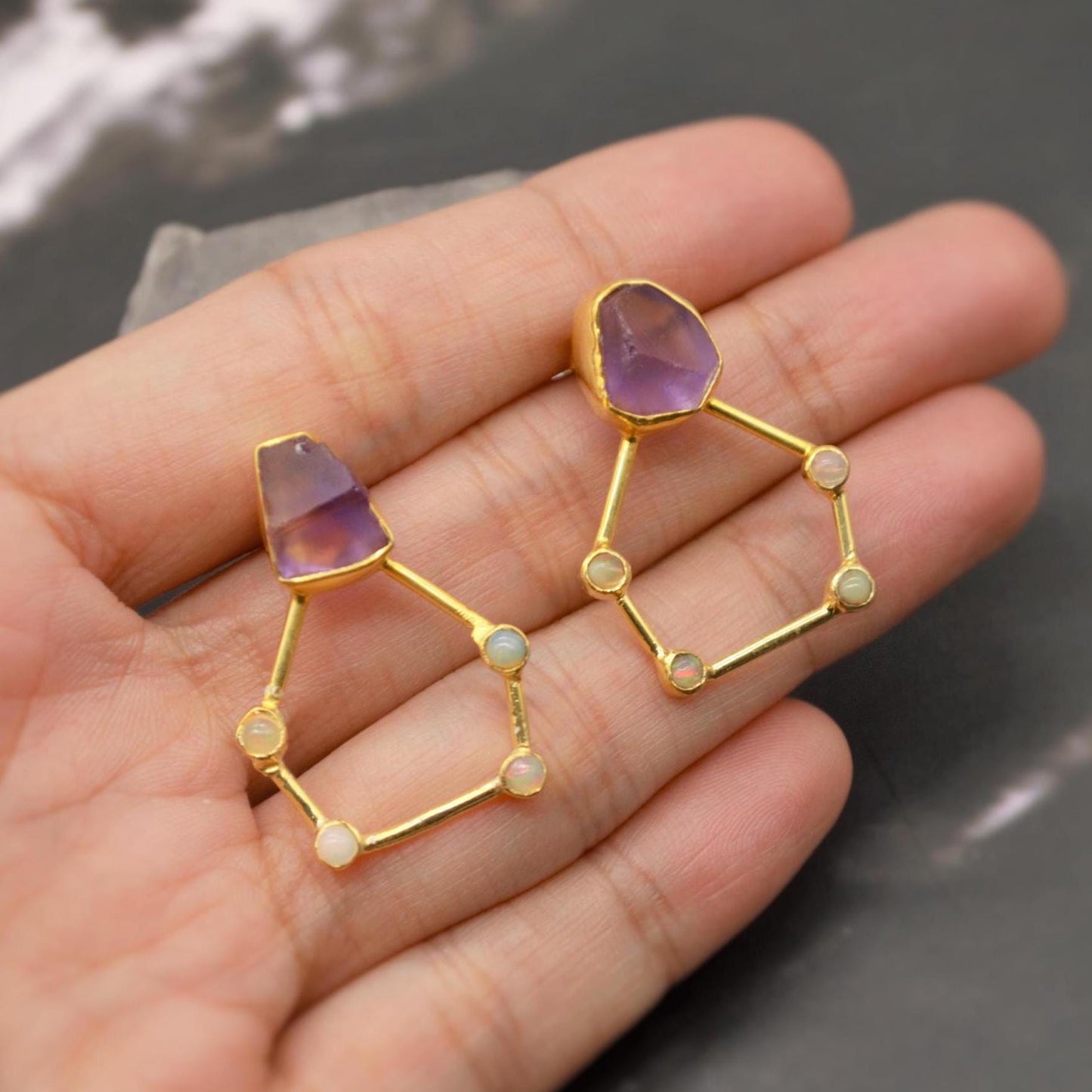 Raw Amethyst, Opal Gold Earrings, Pentagon Sterling Silver Earrings, February, October Birthstone Earrings, Amethyst Jewelry