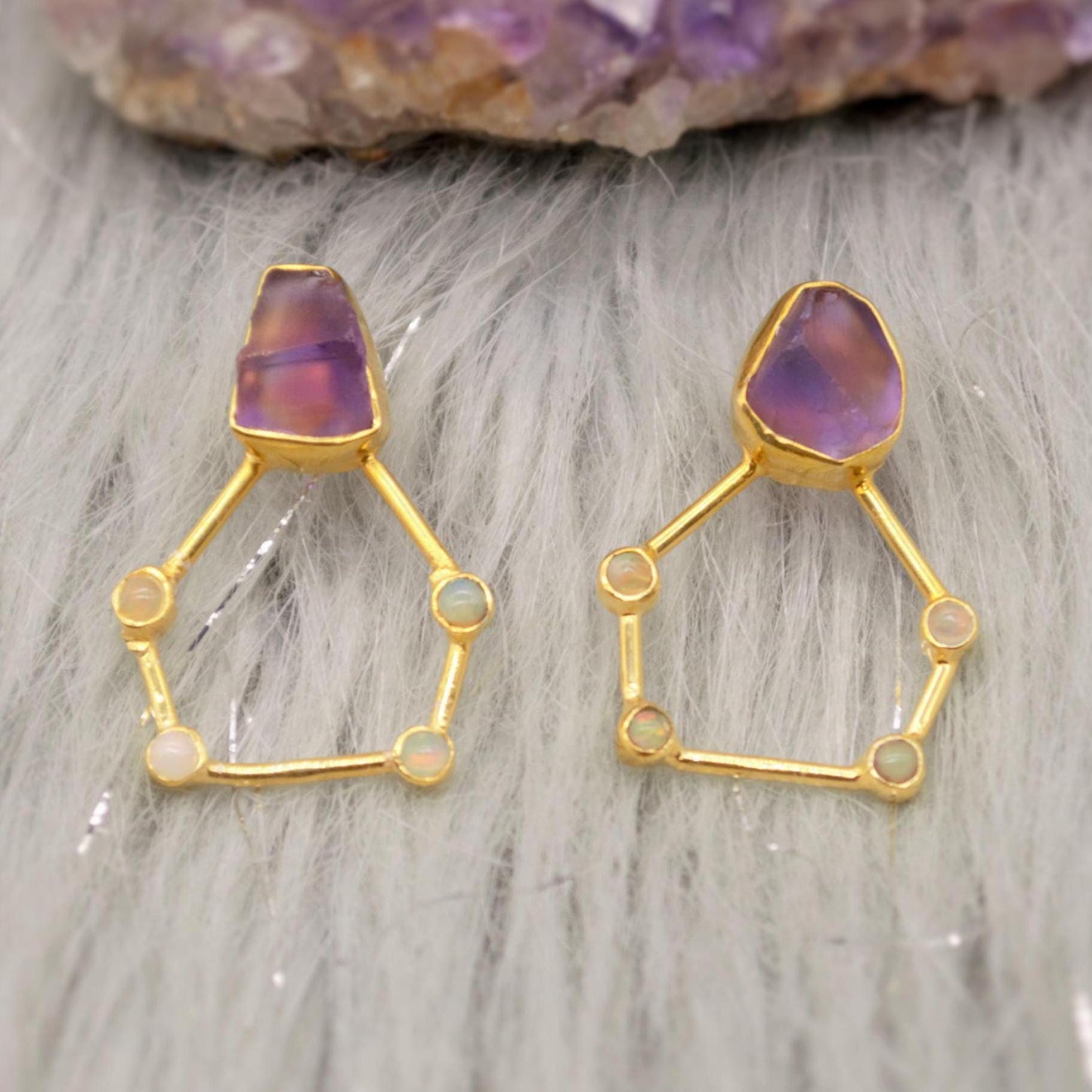 Raw Amethyst, Opal Gold Earrings, Pentagon Sterling Silver Earrings, February, October Birthstone Earrings, Amethyst Jewelry