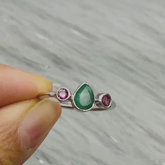 Pink Tourmaline, Emerald Silver Ring, Sterling Silver Emerald Jewelry, May, October Birthstone Ring, Stackable Rings For Women