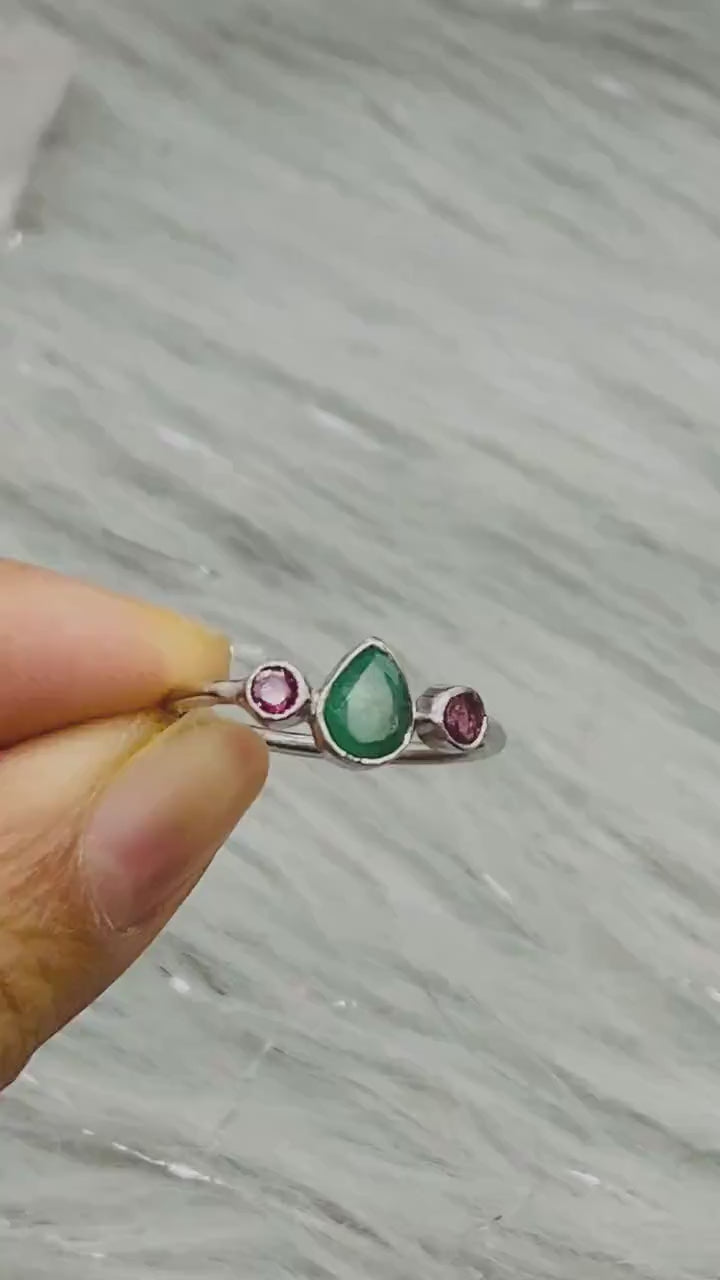 Pink Tourmaline, Emerald Silver Ring, Sterling Silver Emerald Jewelry, May, October Birthstone Ring, Stackable Rings For Women