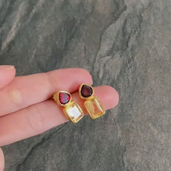 Garnet Citrine Gold Stud Earrings, Unique Gold Plated Sterling Silver Earrings, January, November Birthstone, Birthday Gifts For Her