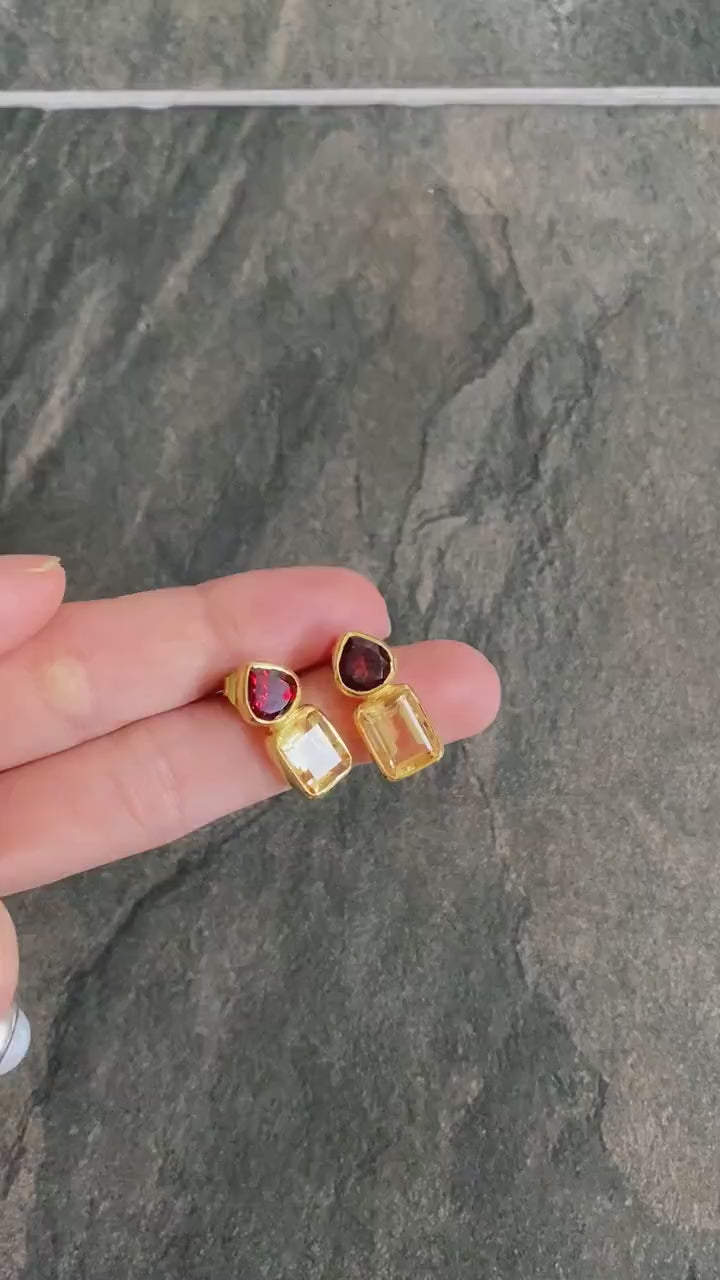 Garnet Citrine Gold Stud Earrings, Unique Gold Plated Sterling Silver Earrings, January, November Birthstone, Birthday Gifts For Her