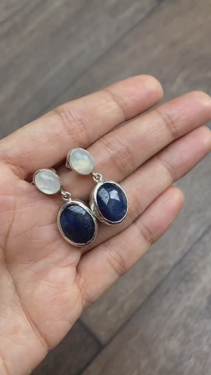 Moonstone, Sapphire Silver Earrings, Blue Dangle Gemstone Earrings, Sapphire Jewelry, September Birthstone, Gifts For Her