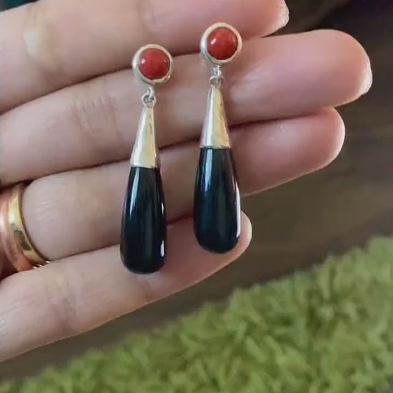 Black Onyx, Red Coral Silver Earrings, Sterling Silver, Red Coral Jewelry, Cute Gemstone Dangle Drop Earrings, Gift For Her