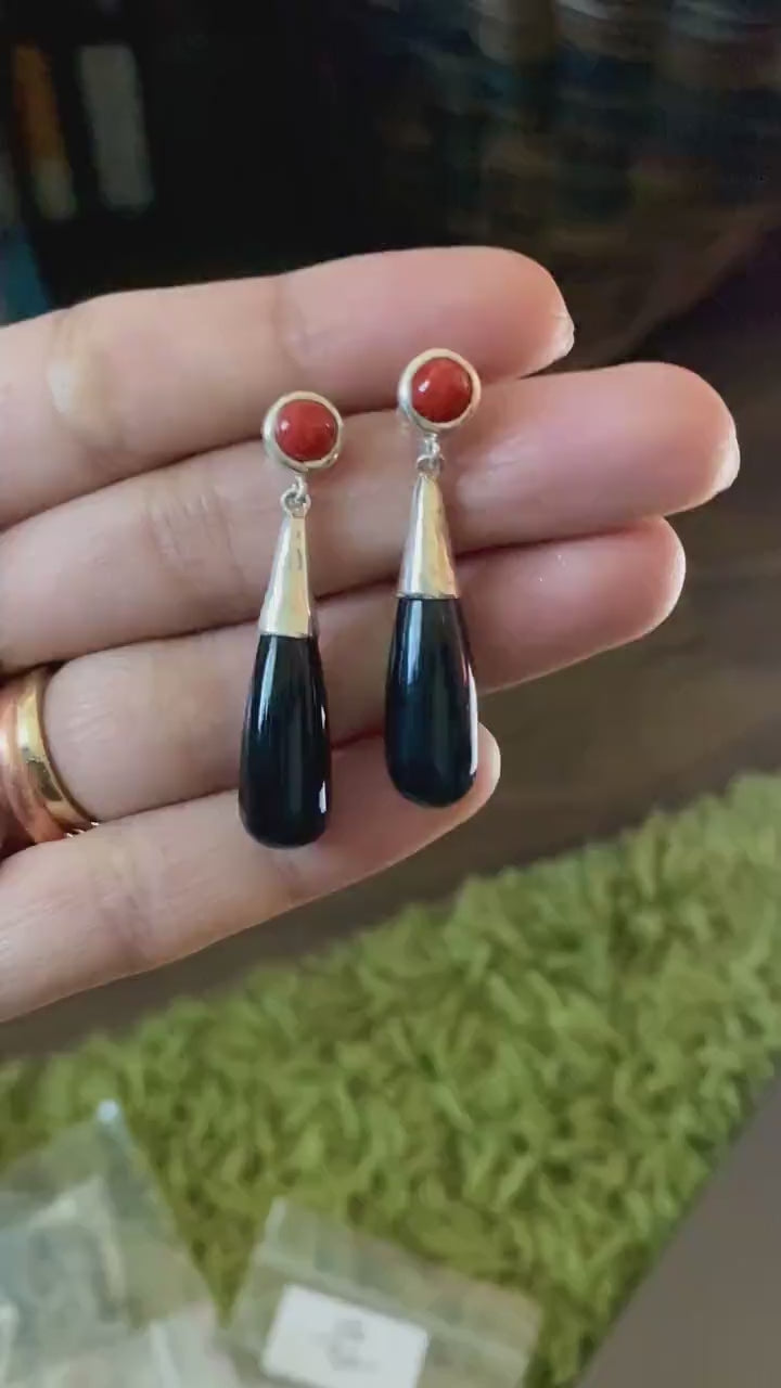 Black Onyx, Red Coral Silver Earrings, Sterling Silver, Red Coral Jewelry, Cute Gemstone Dangle Drop Earrings, Gift For Her