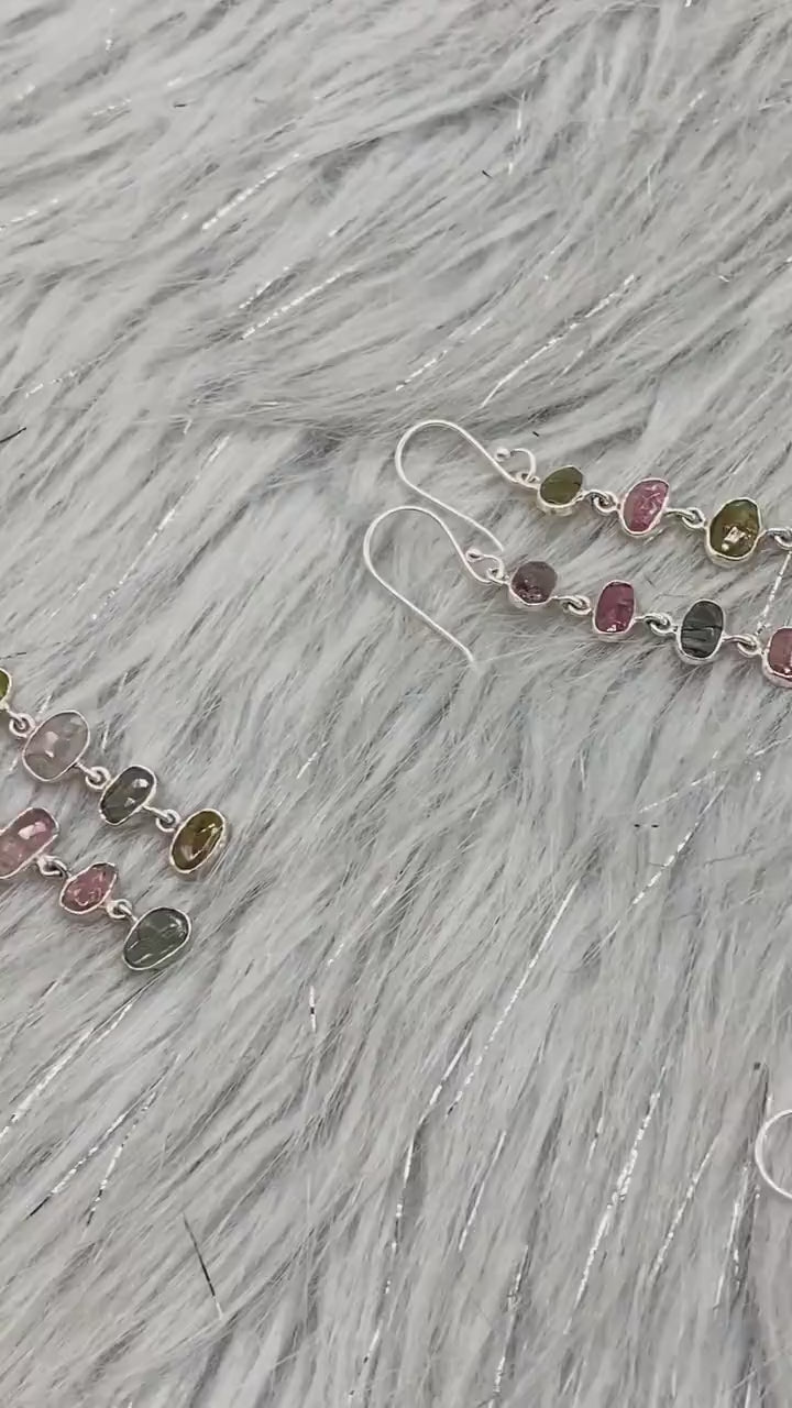 Mixed Tourmaline Earrings, Green Pink Tourmaline Sterling Silver, 925 Silver, Dangle Earrings, October Birthstone, Gift For Her