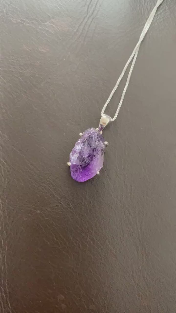 Raw Amethyst Chain Pendant Necklace, Rough Cut Amethyst Necklace, February Birthstone, Raw Gemstone, Sterling Silver, Birthday Gifts For Her