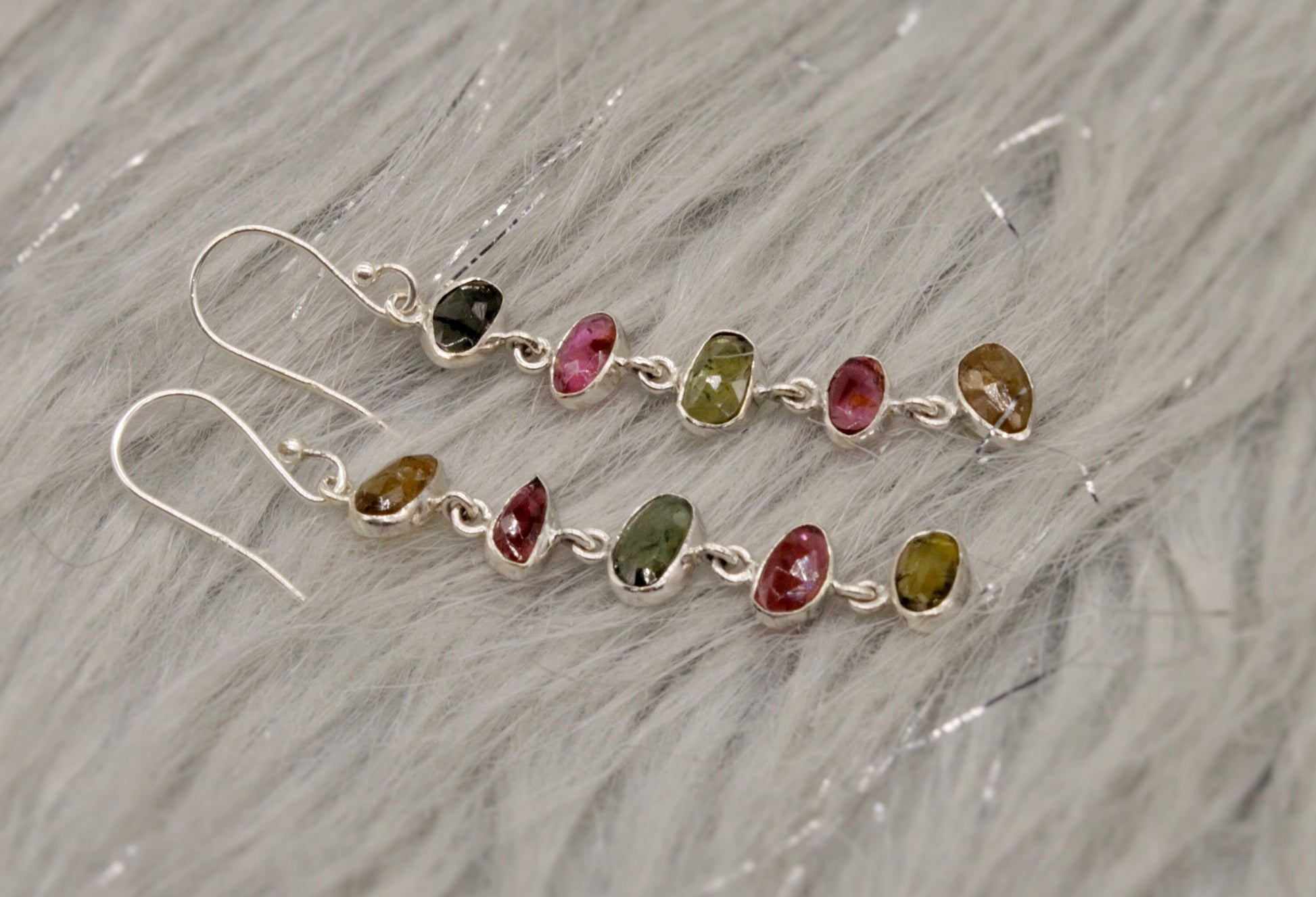 Mixed Tourmaline Earrings, Green Pink Tourmaline Sterling Silver, 925 Silver, Dangle Earrings, Gift for her