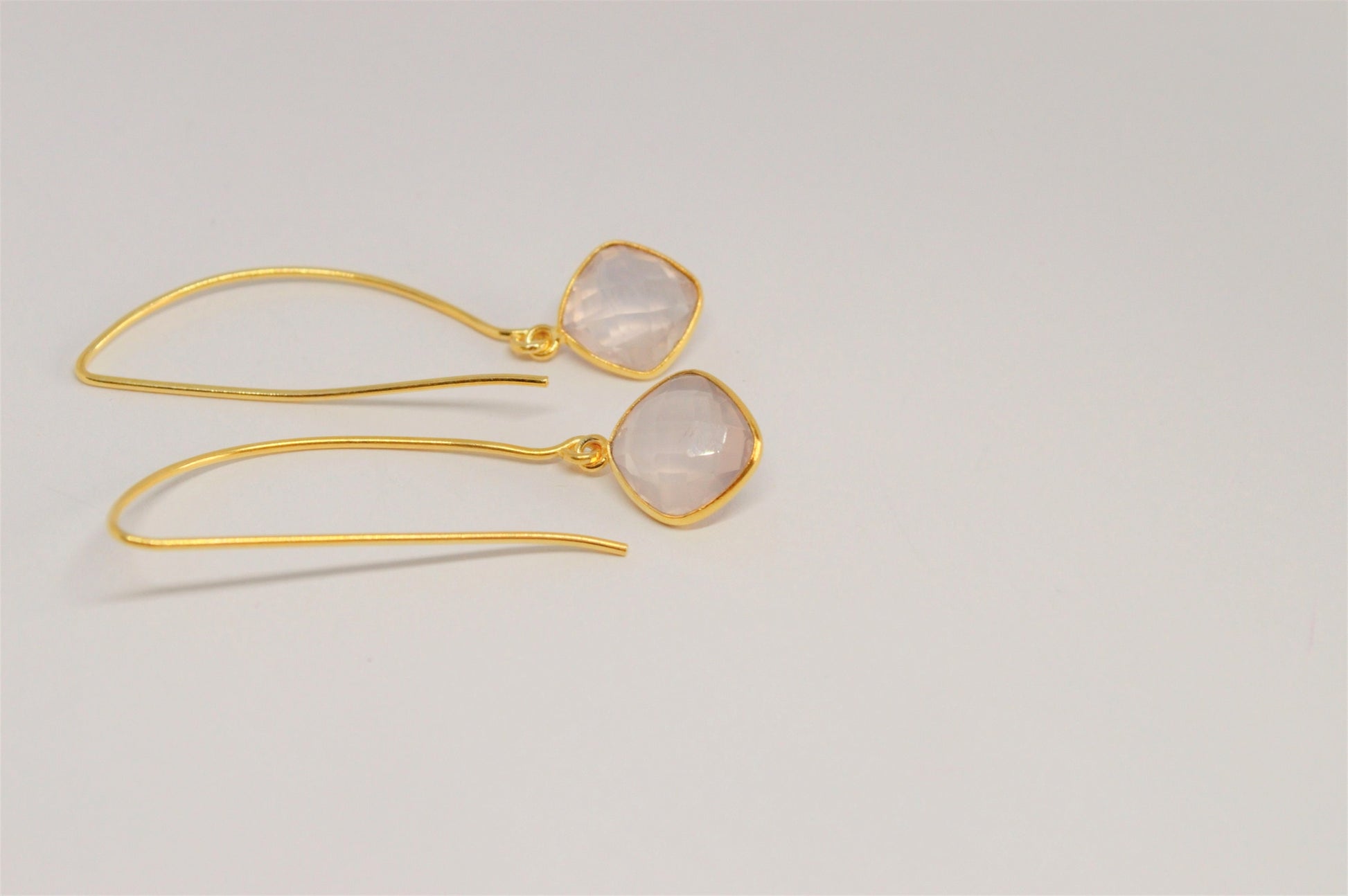 Rose Quartz Gold Earrings, Gold Plated Gemstone Earrings, Unique Dangle Drop Earrings, Birthday Gifts For Her