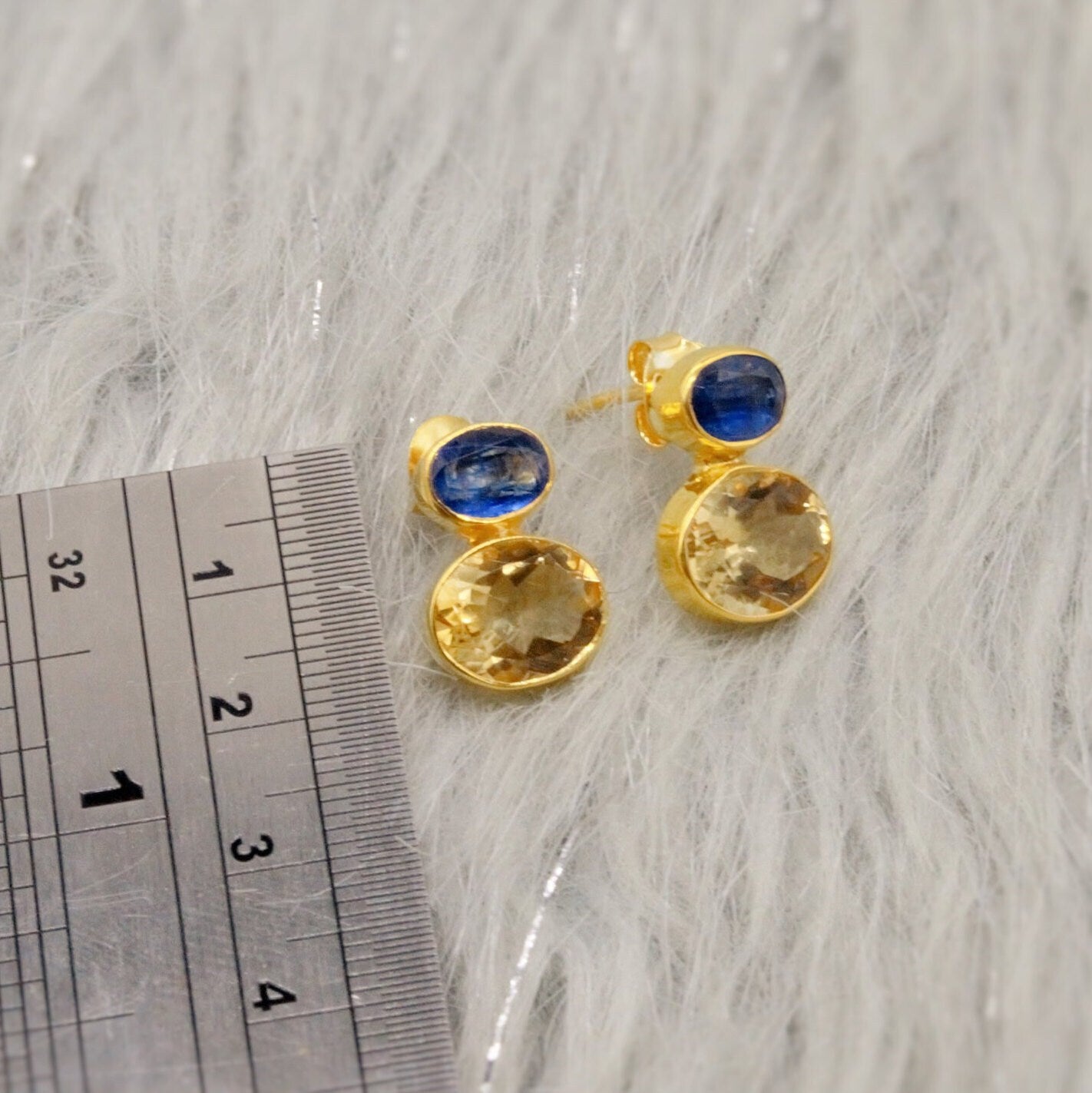 Kyanite, Citrine Gold Earrings, Gold Plated Silver Stud Earrings, Citrine Jewelry, Unique Statement Earrings, November Stone, Gift For Her