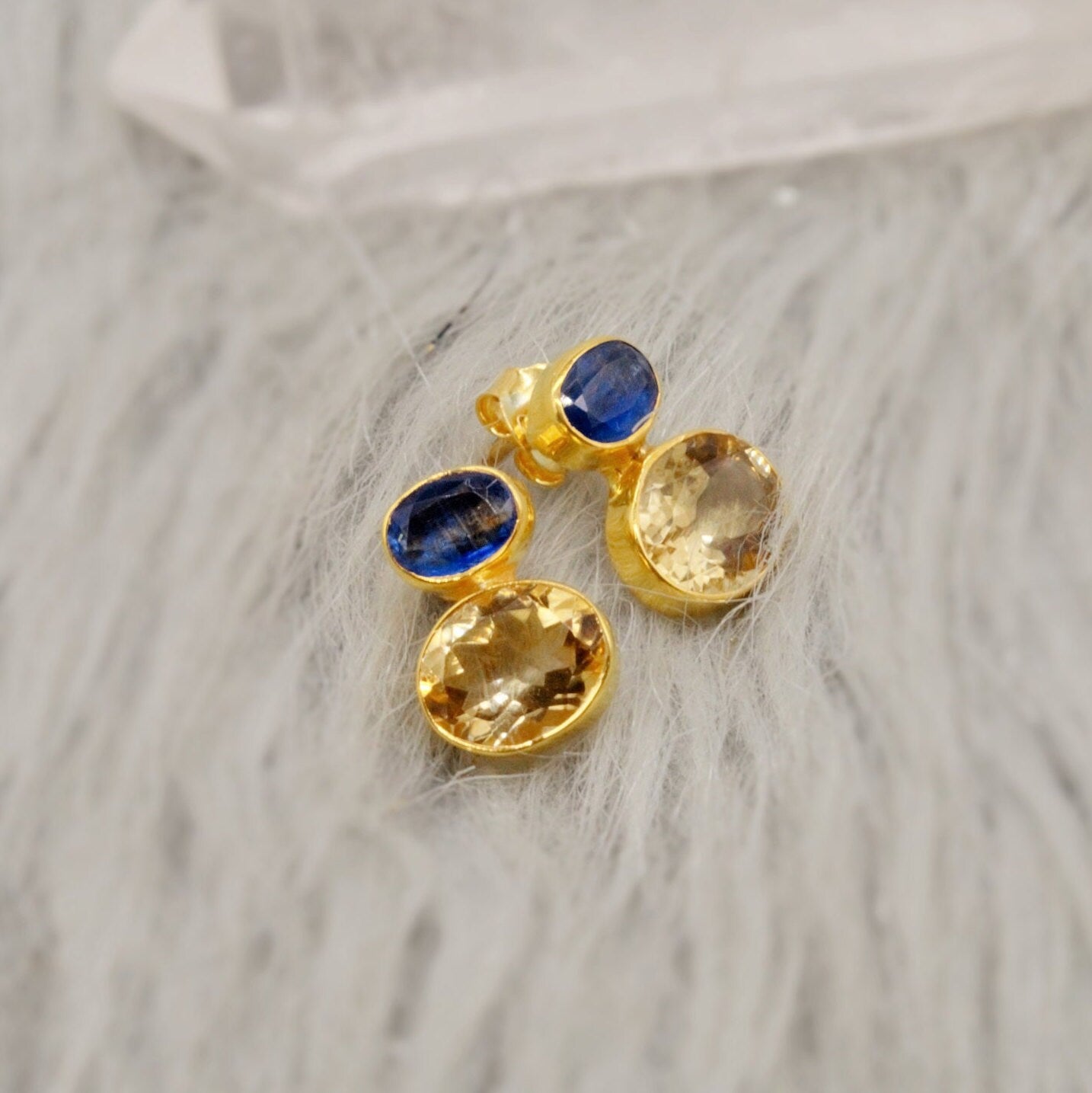 Kyanite, Citrine Gold Earrings, Gold Plated Silver Stud Earrings, Citrine Jewelry, Unique Statement Earrings, November Stone, Gift For Her