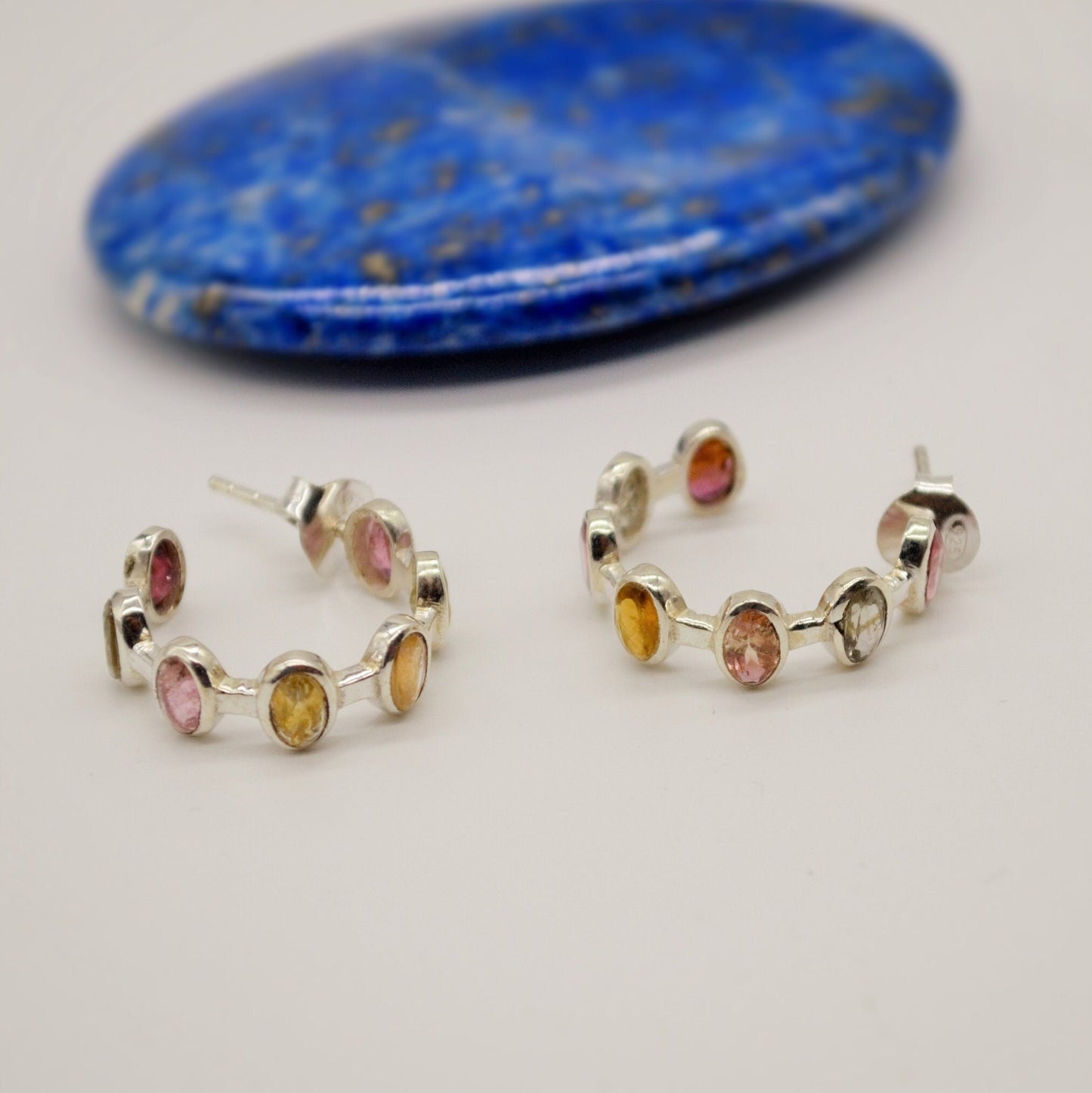 Mixed Tourmaline Sterling Silver Hoop Earrings, Tourmaline Jewelry, October Birthstone Earrings, Minimalist Earrings, Unique Gifts For Her