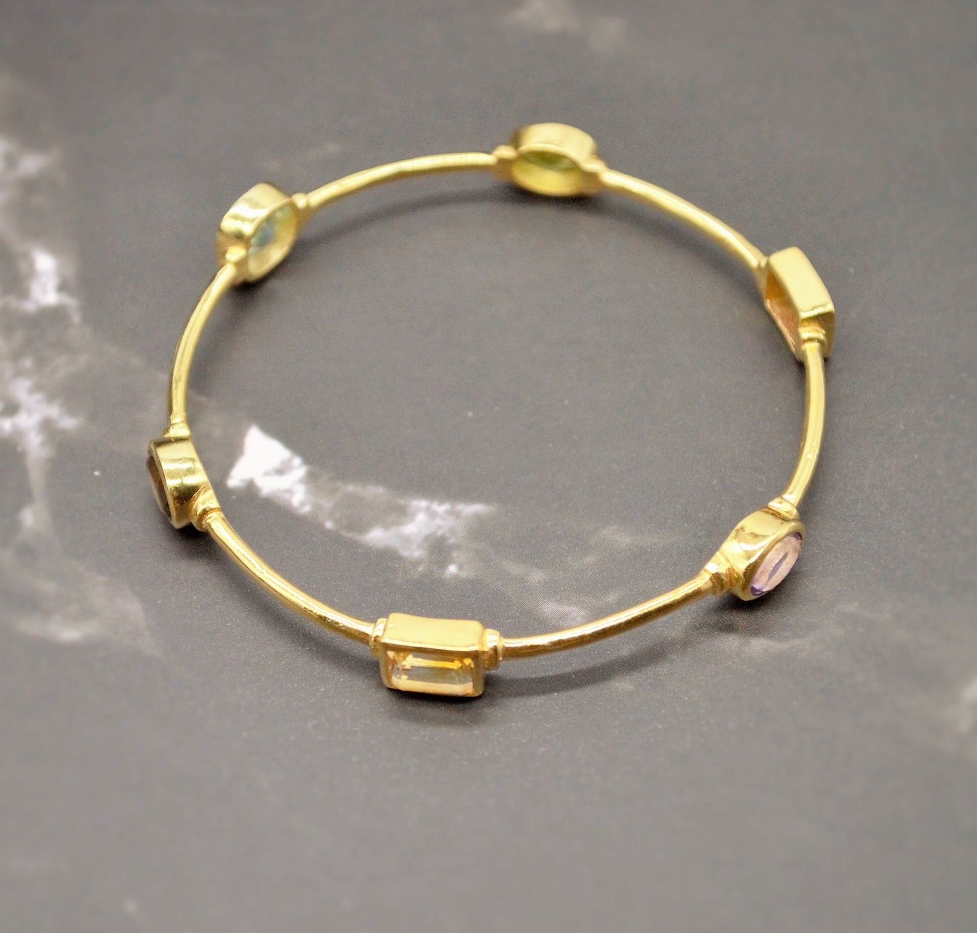 Multi Coloured Stone Gold Bangle, Blue Topaz, Amethyst, Citrine Bracelet, 6cm diameter, Gift For Her, Sterling Silver Birthstone Bracelet
