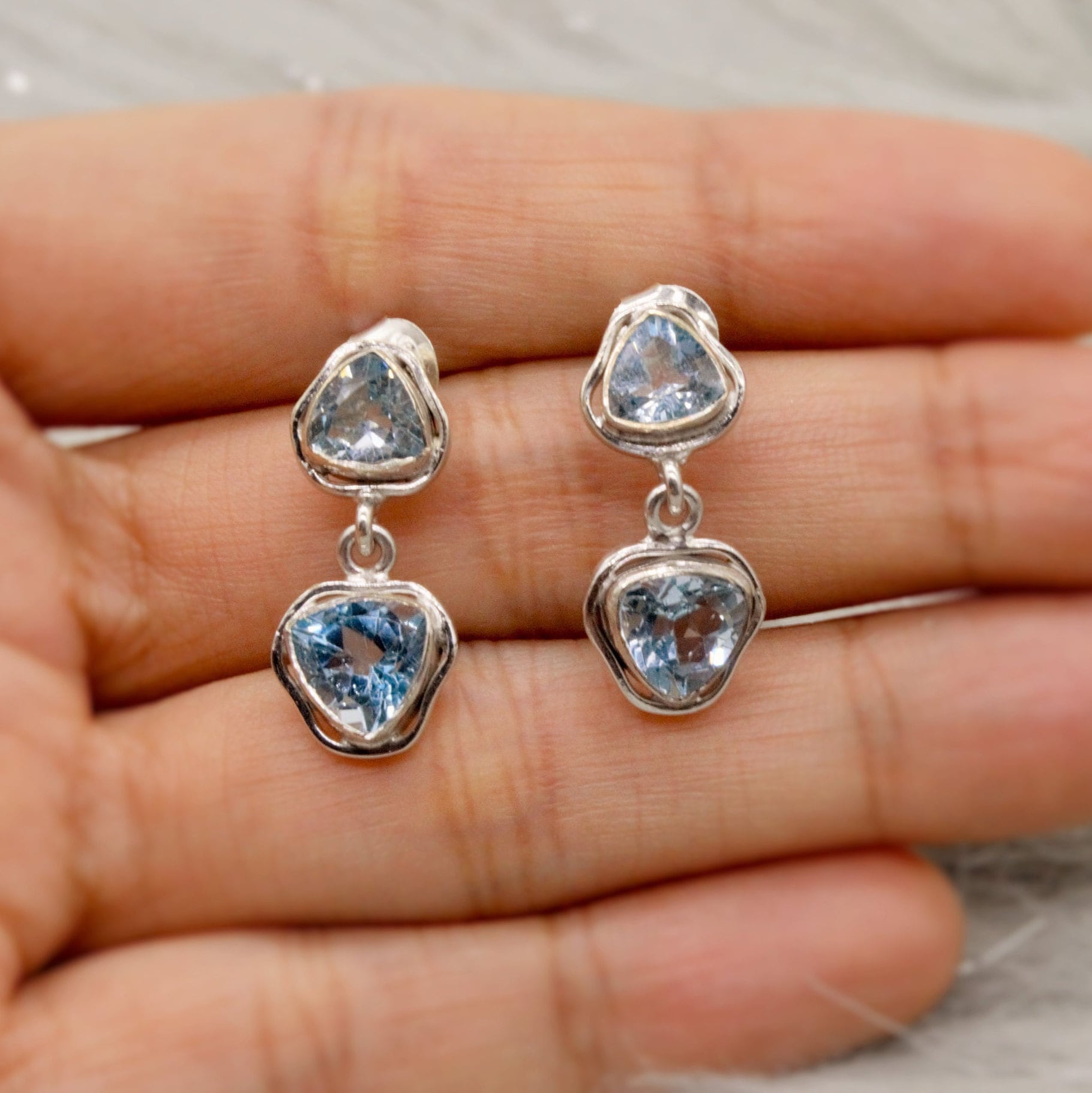 Blue Topaz Silver Dangle Earrings, Dainty Gemstone Drop Earrings, Unique Earrings, December Birthstone, Birthday Gifts For Her