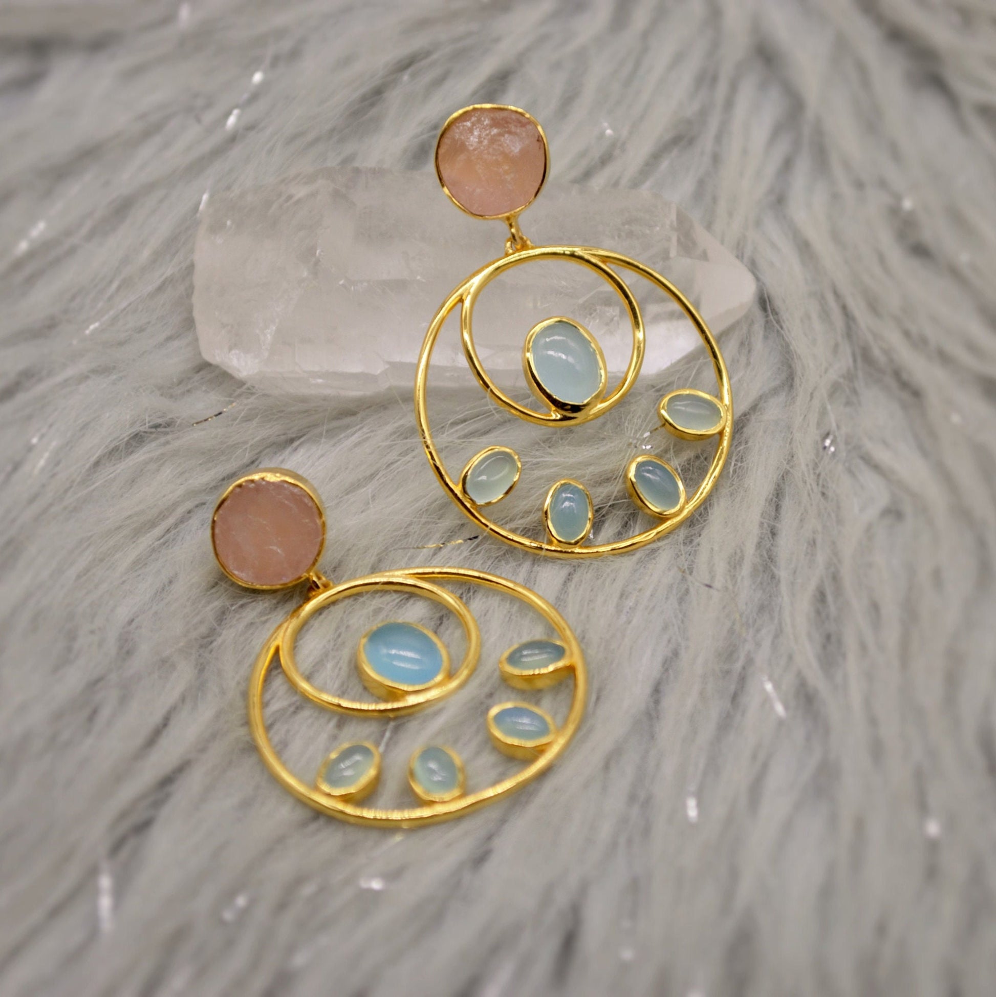 Rose Quartz, Aqua Blue Chalcedony Earrings, Gold Plated Sterling Silver Gemstone Earrings, Unique Hoops, Birthday Gifts For Her