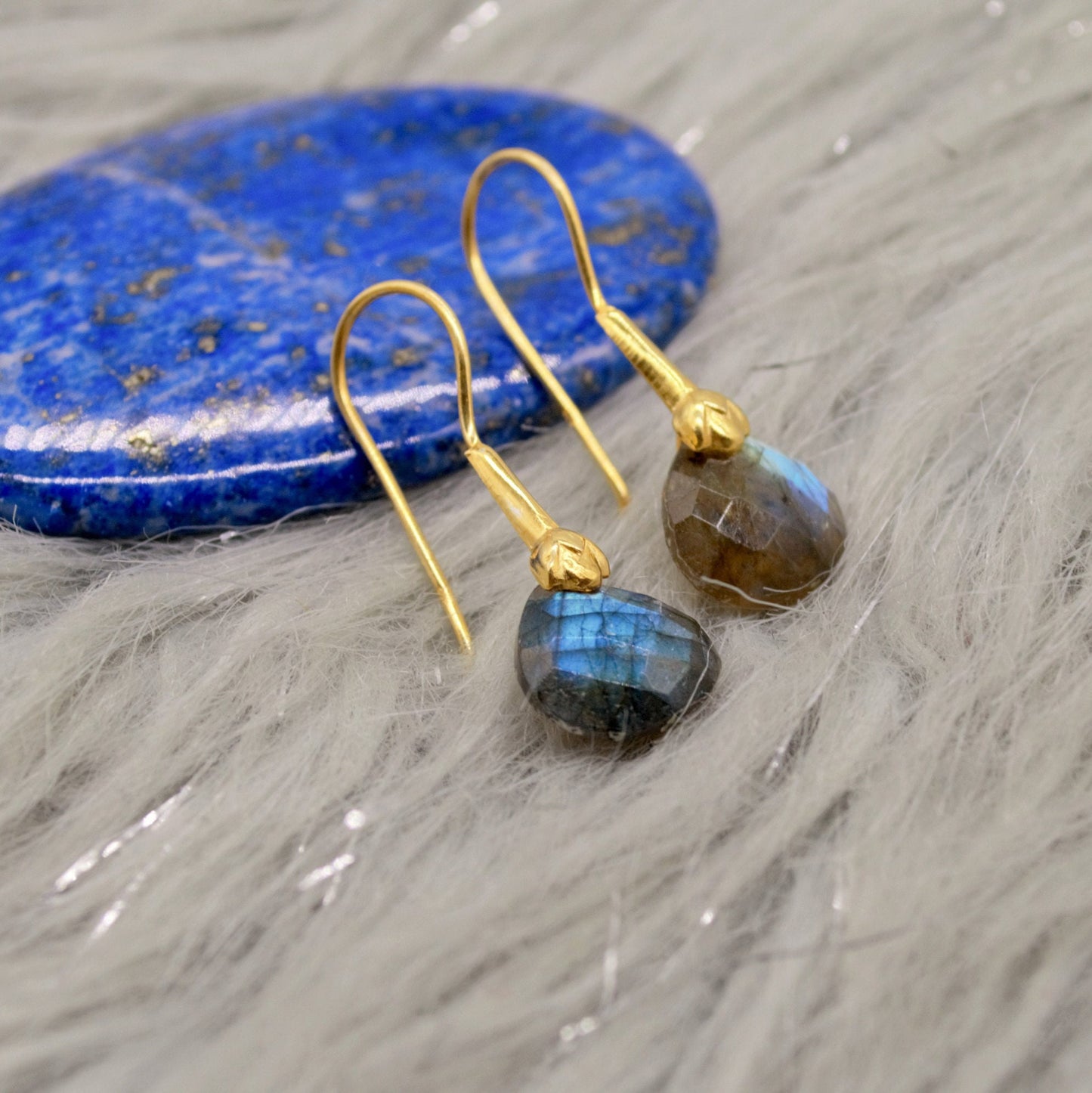 Labradorite Dangle Silver Earrings, Gold Plated Sterling Silver, Handmade Gemstone Earrings, Labradorite Stone Jewelry, Gift For Her