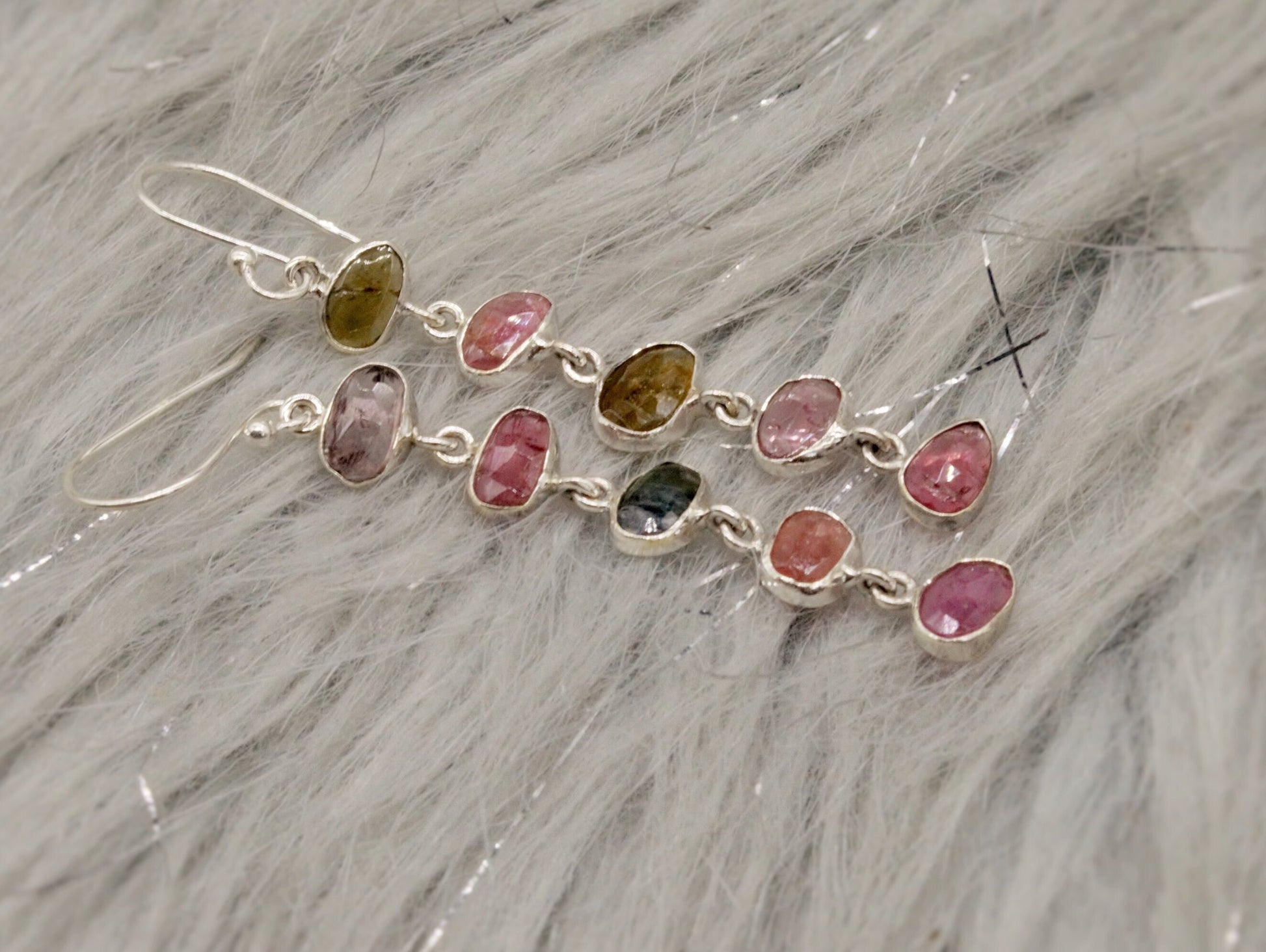 Mixed Tourmaline Earrings, Green Pink Tourmaline Sterling Silver, 925 Silver, Dangle Earrings, October Birthstone, Gift For Her