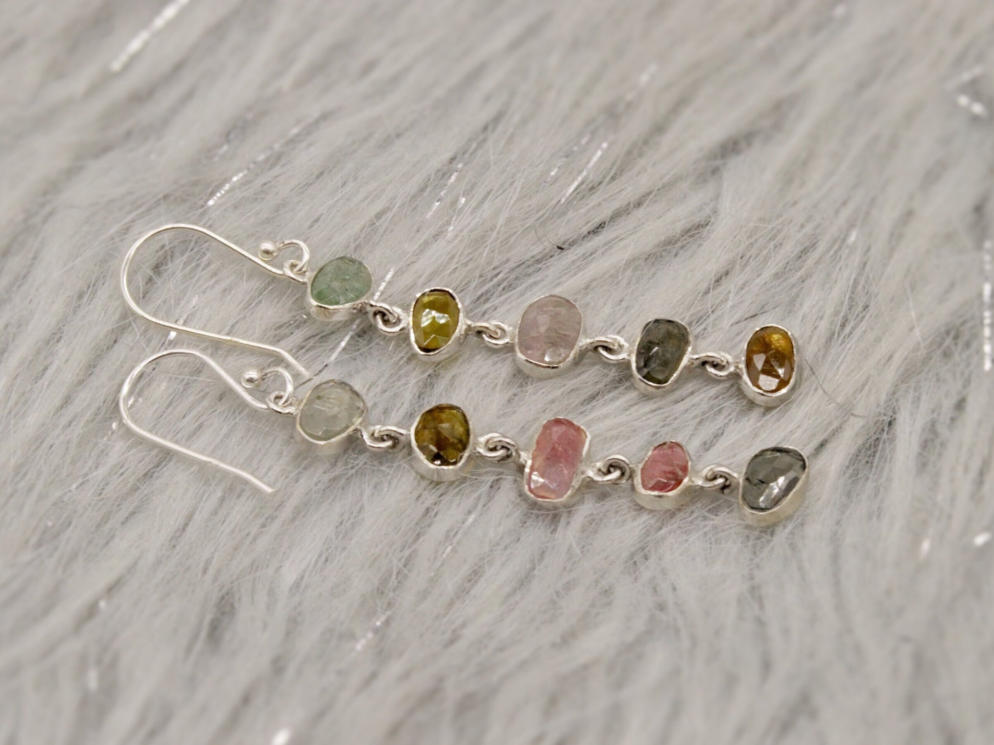 Mixed Tourmaline Earrings, Green Pink Tourmaline Sterling Silver, 925 Silver, Dangle Earrings, October Birthstone, Gift For Her